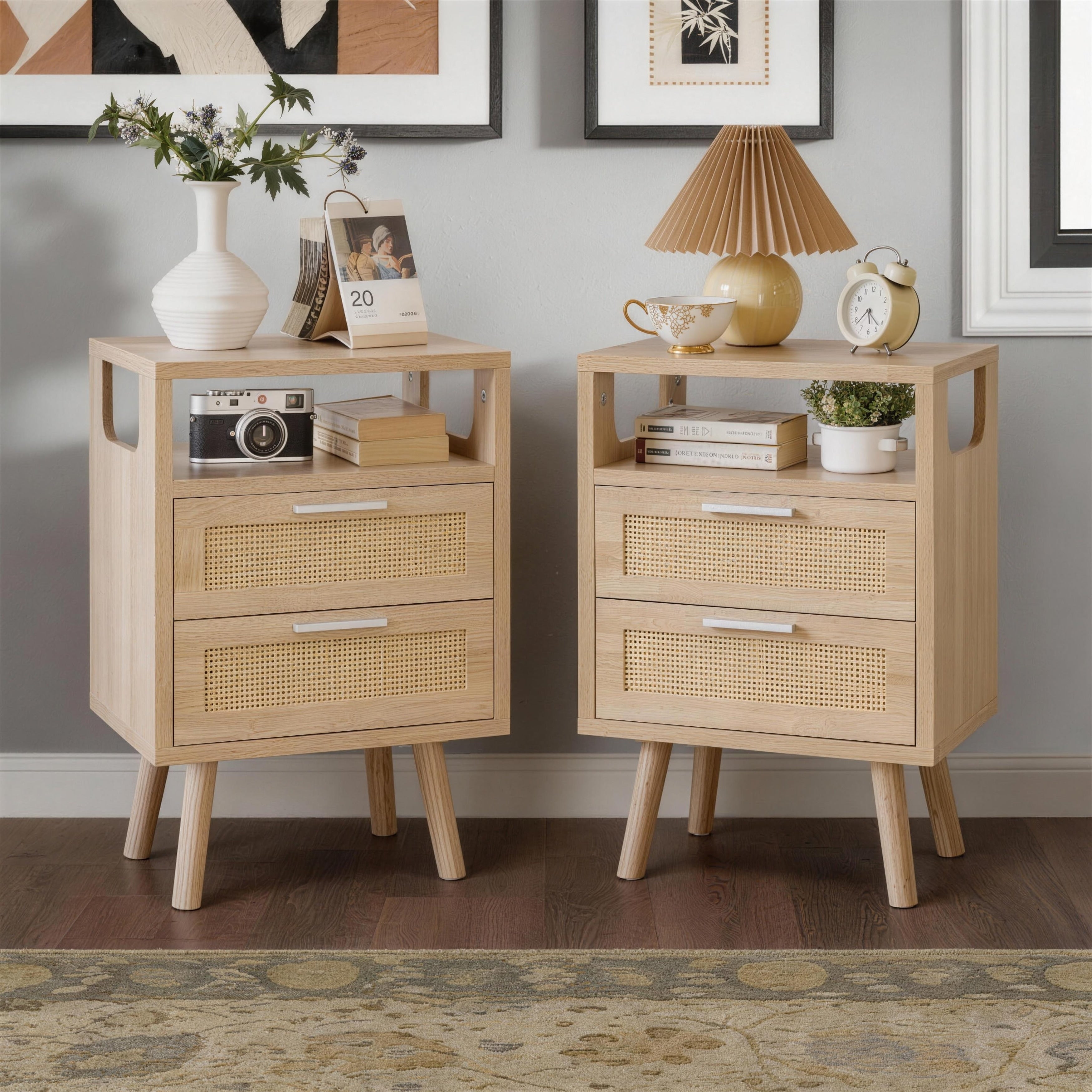 Set Of 2 With 2 Drawers 15.4 Modern Storage Bedside Table With Golden Metal Handles Wooden End Table For Bedroom
