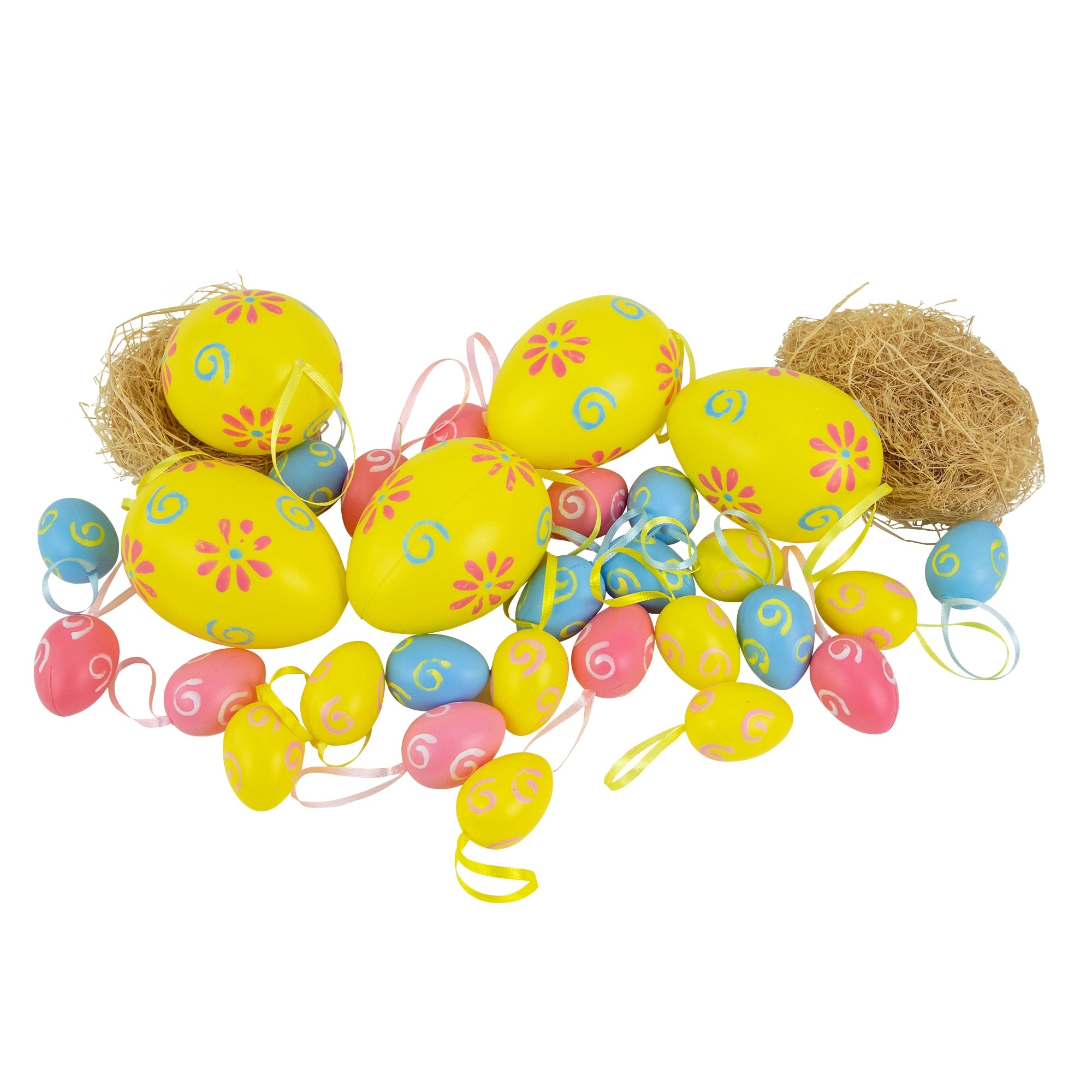 Set Of 29 Blue Yellow And Pink Painted Floral Spring Easter Egg Ornaments 3.25