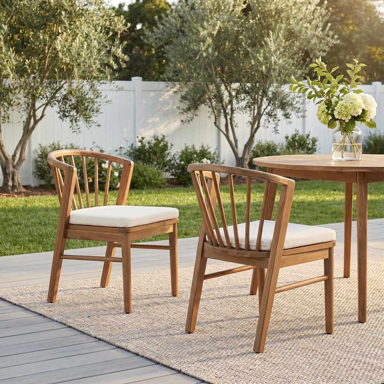 Set Of 2 Outdoor Wood Dining Chairs With Slatted Back And Cushions