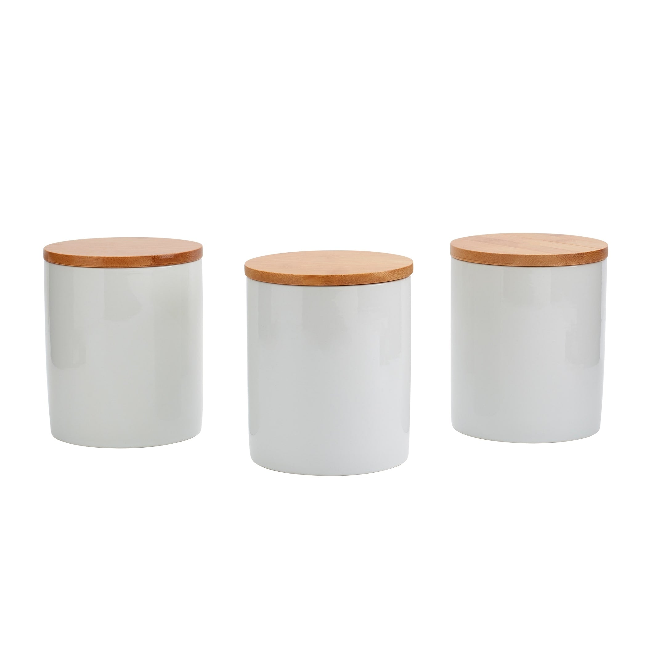 Set Of 3 Bamboo Ceramic Canister Set White