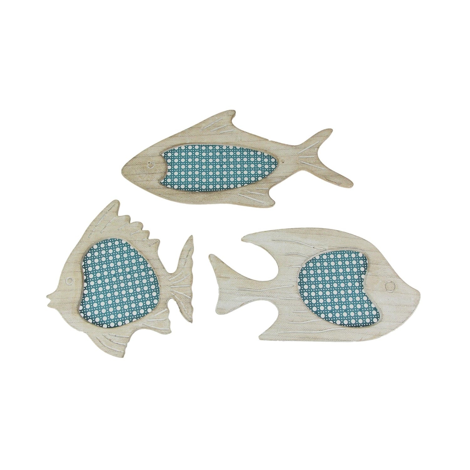 Set Of 3 Blue And White Wood And Metal Mesh Fish Wall Hangings