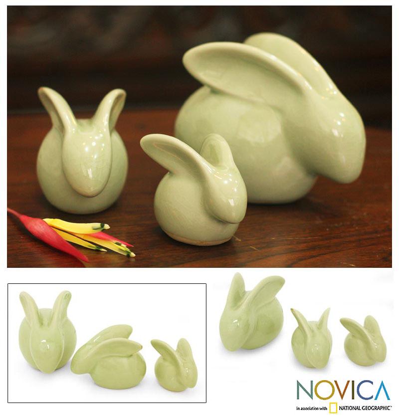 Set Of 3 Celadon Ceramic Chiang Mai Rabbits Figurines Thailand