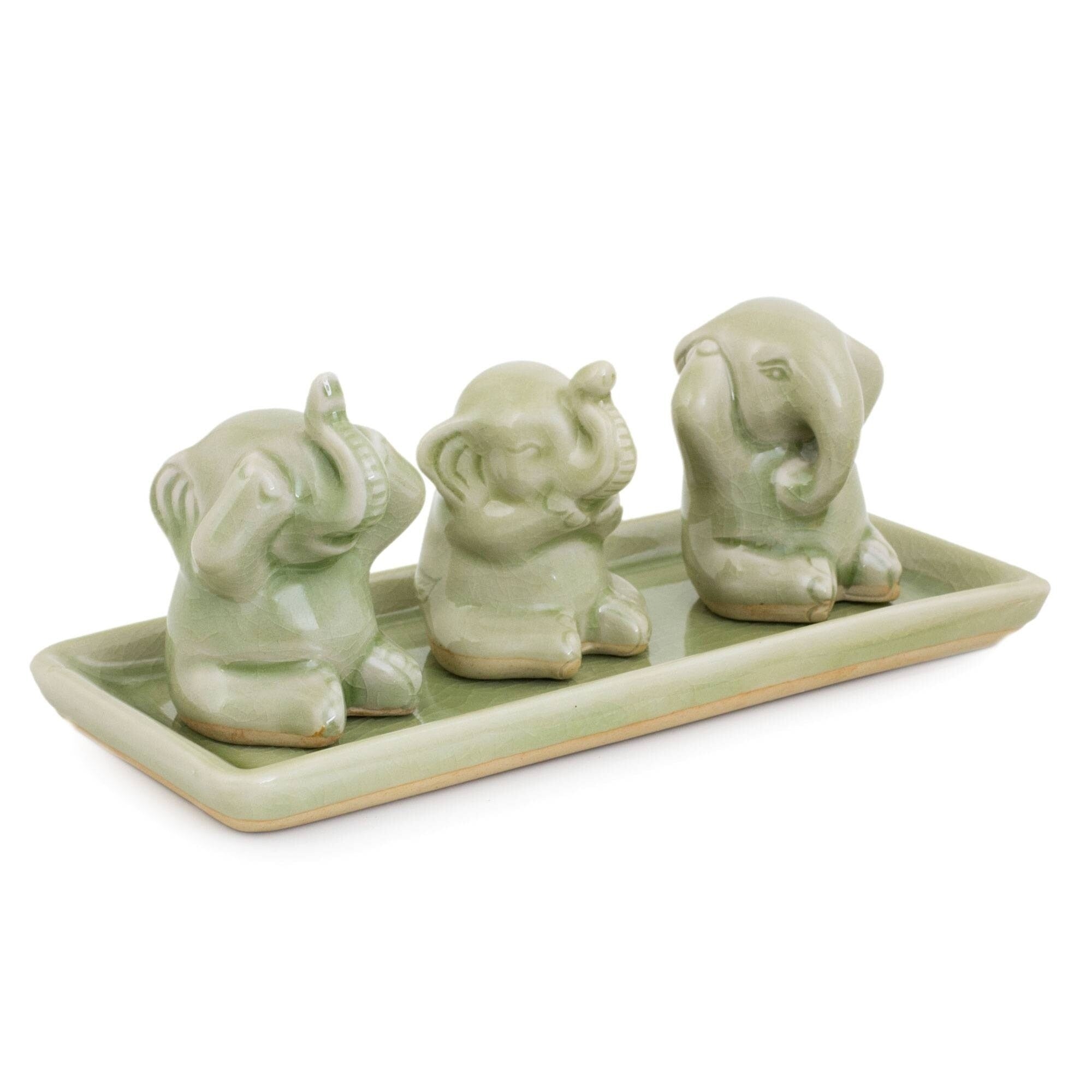 Set Of 3 Celadon Ceramic Elephant Life Lessons Figurines Handmade In Thailand