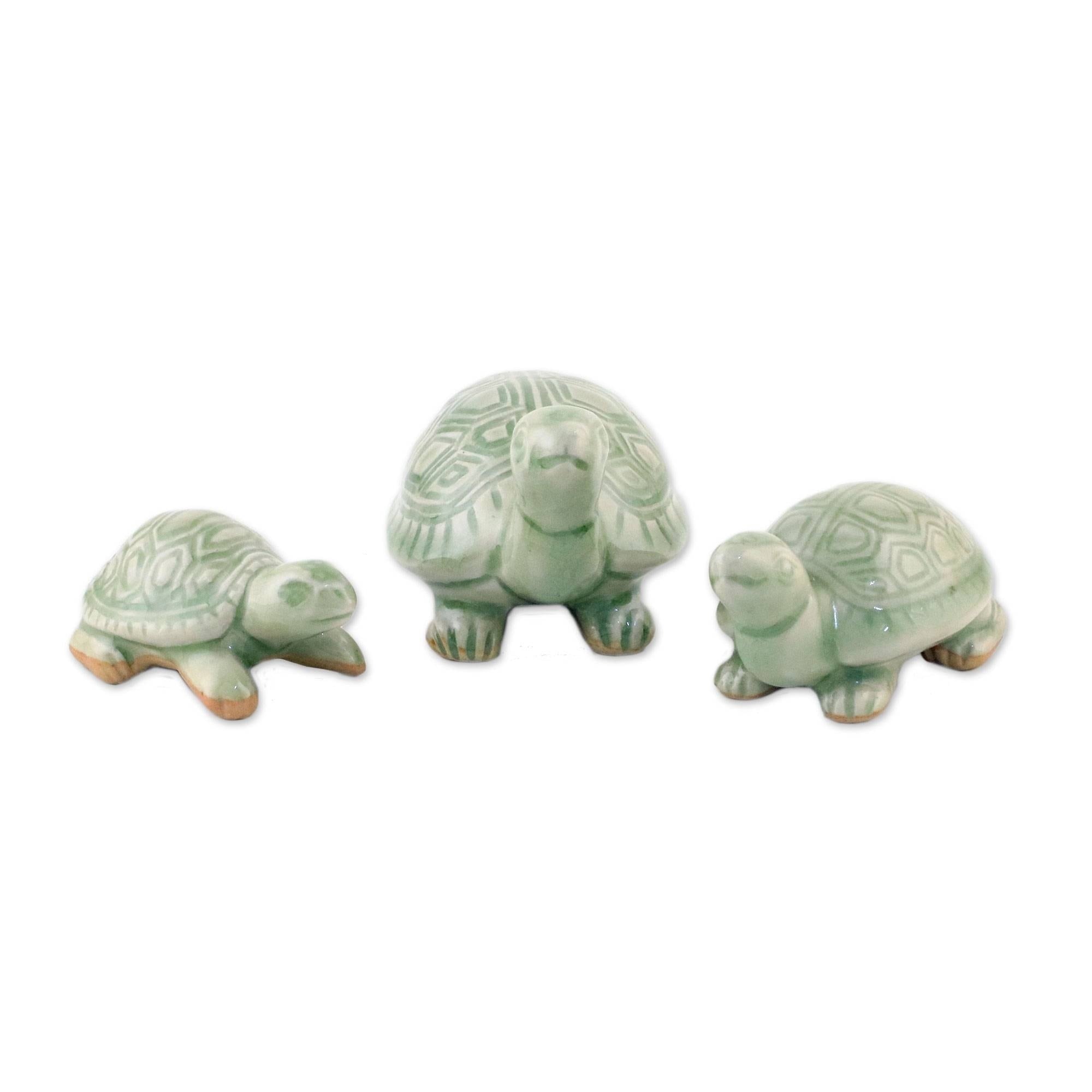 Set Of 3 Celadon Ceramic Lucky Turtles Sculptures Handmade In Thailand