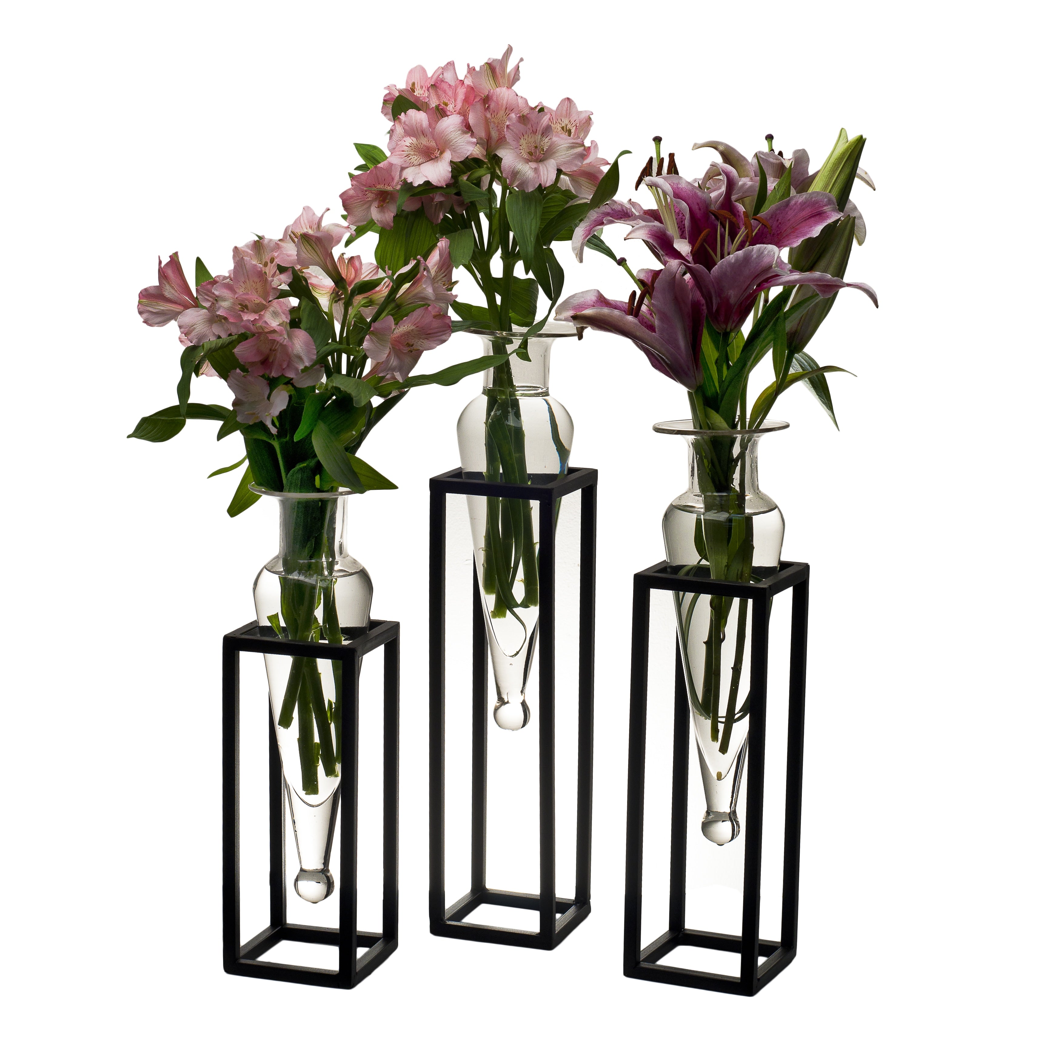 Set Of 3 Clear Amphorae Vases On Square Tubing Metal Stands