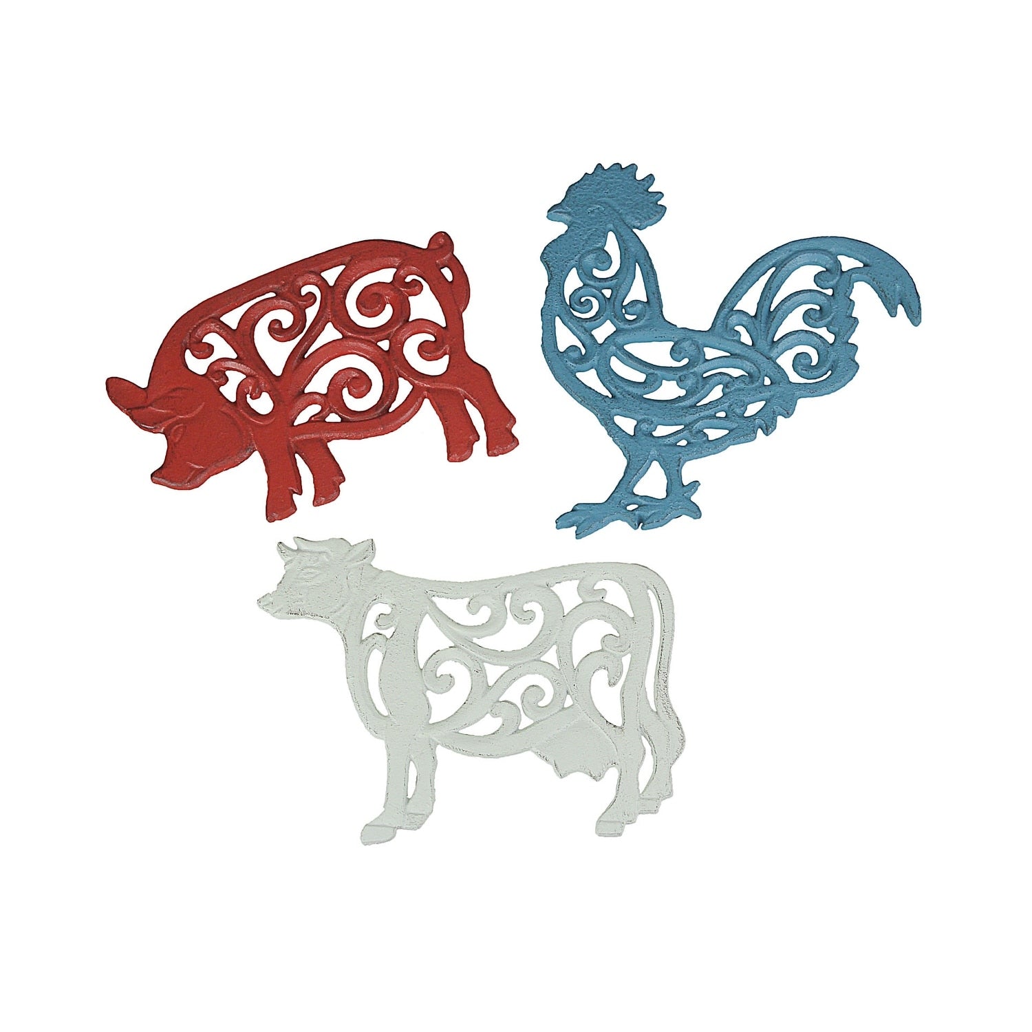 Set Of 3 Decorative Cast Iron Farm Animal Kitchen Trivets Rooster Cow Pig 0.5 X 9.5 X 9 Inches