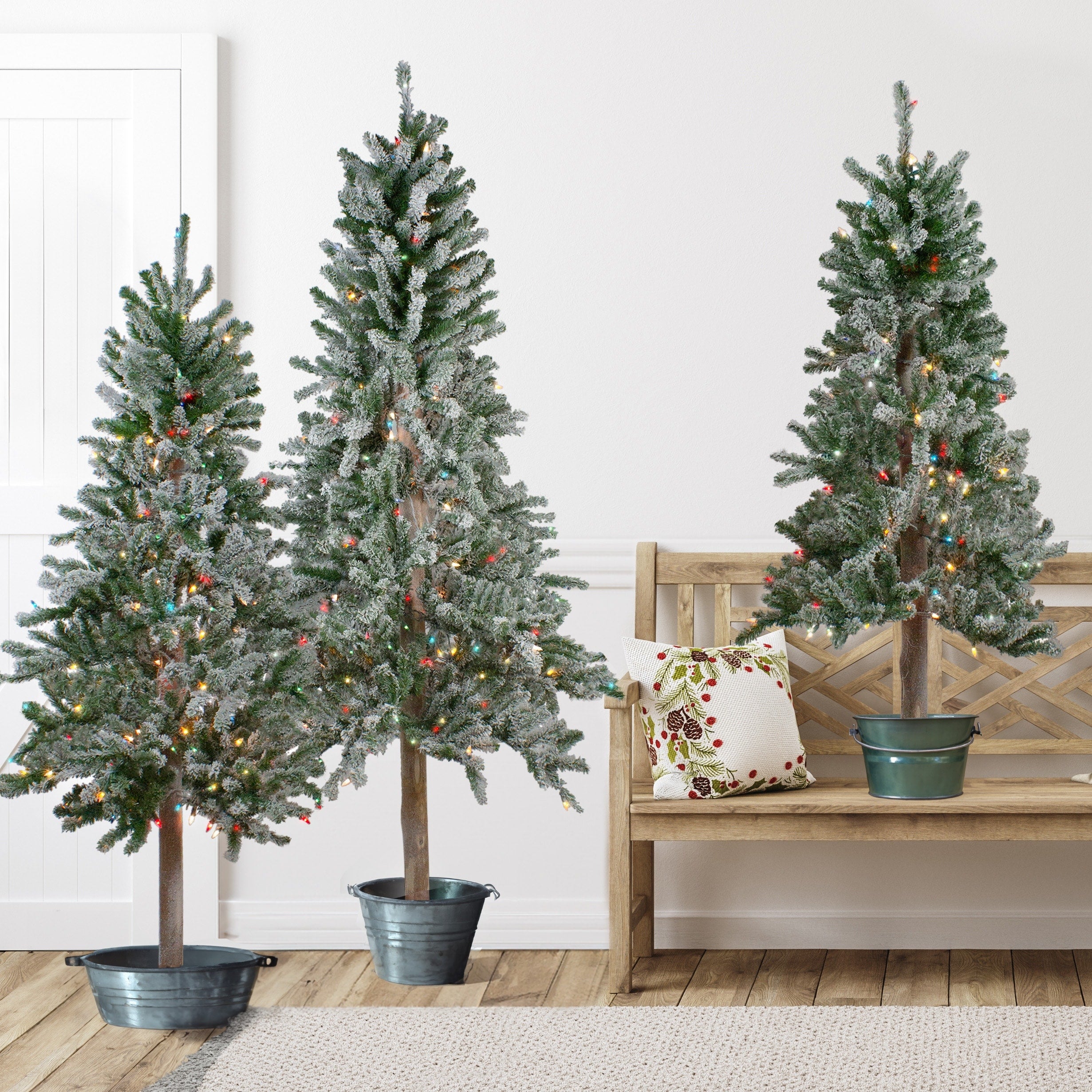 Set Of 3 Flocked Alpine Artificial Christmas Trees 5 Multi Lights 5 Foot