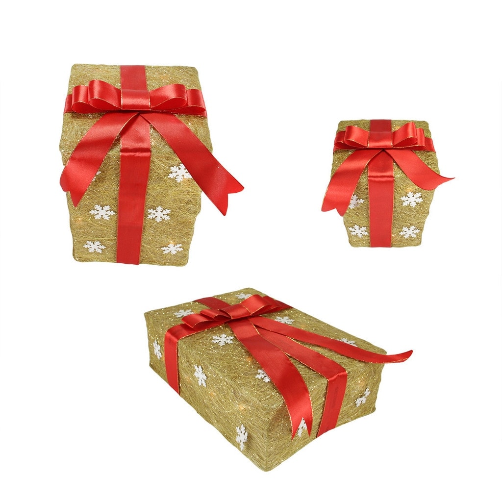 Set Of 3 Gold Snowflake Sisal Gift Boxes Lighted Christmas Outdoor Decorations