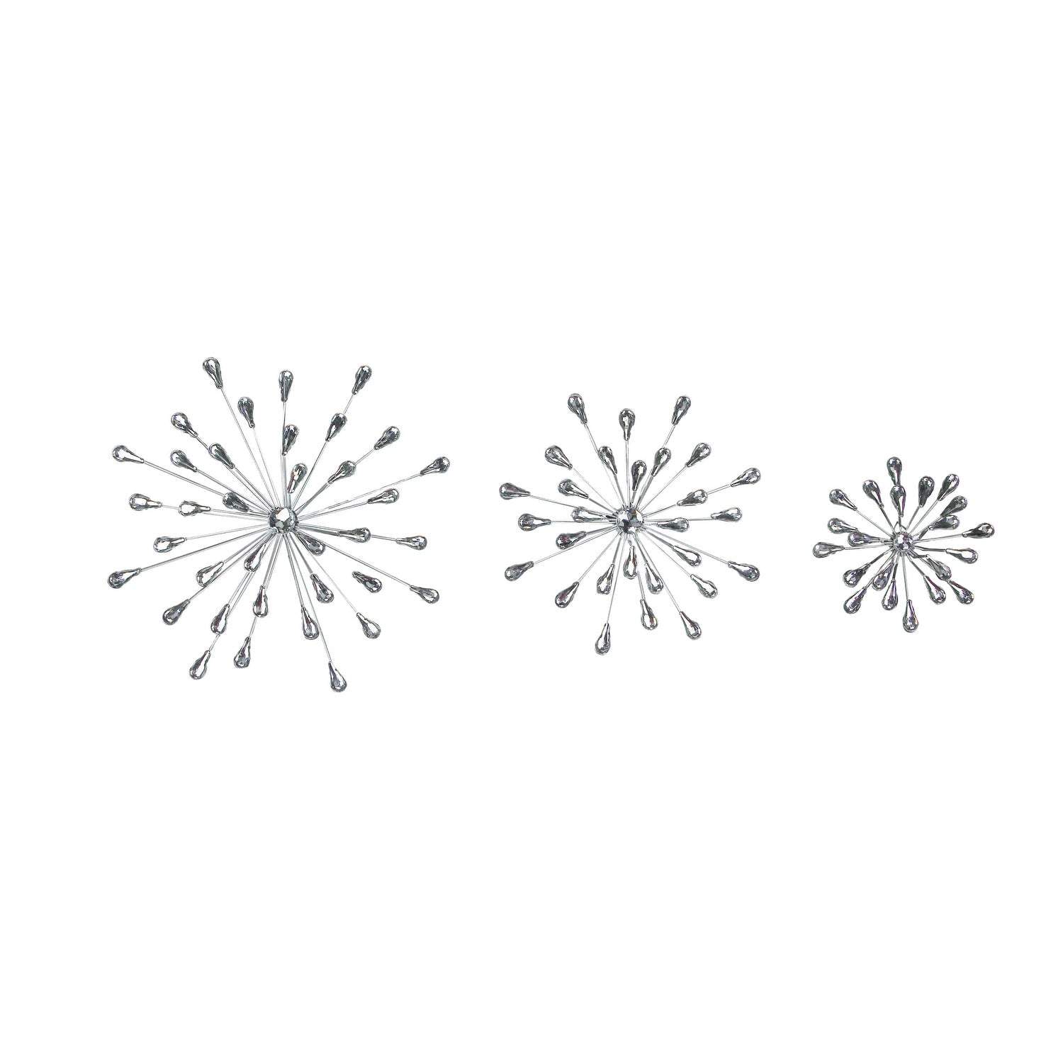 Set Of 3 Jeweled 3D Bursting Water Droplet Wall Sculptures Silver Finish