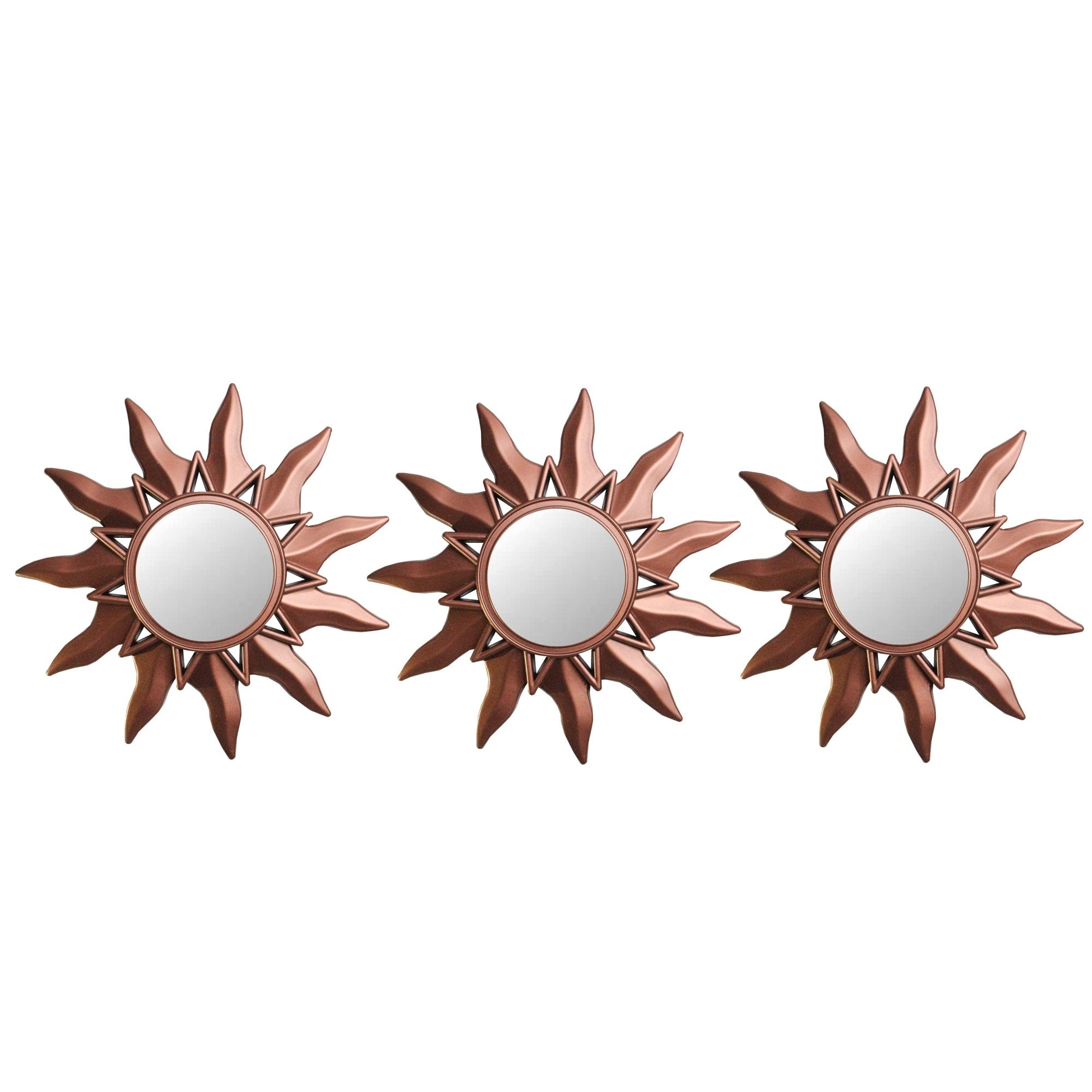 Set Of 3 Mayan Sunburst Matte Copper Round Mini Mirrors 9.5 Brown