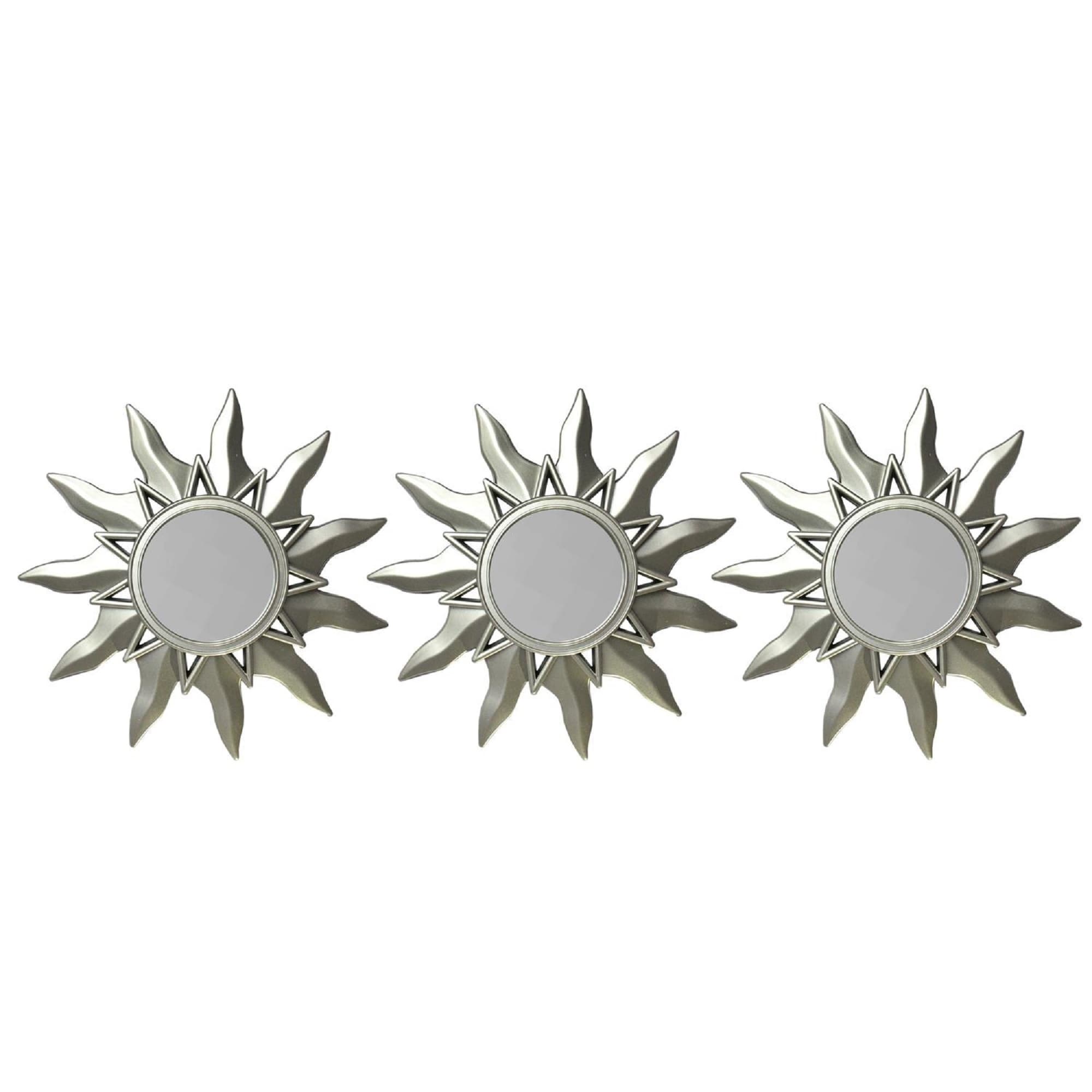 Set Of 3 Mayan Sunburst Matte Silver Round Mirrors 9.5 Grey