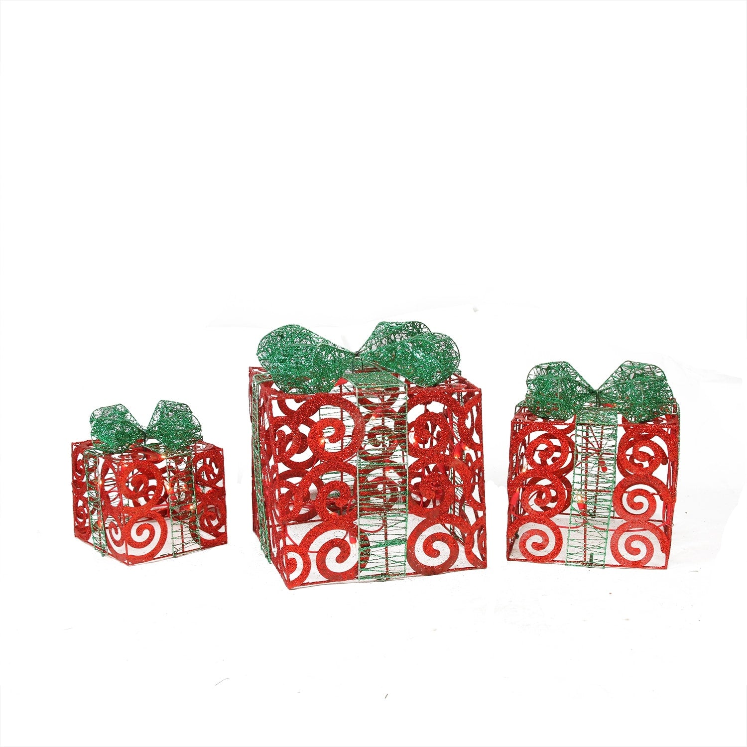 Set Of 3 Lighted Sparkling Red Swirl Glitter Gift Boxes Christmas Outdoor Decorations