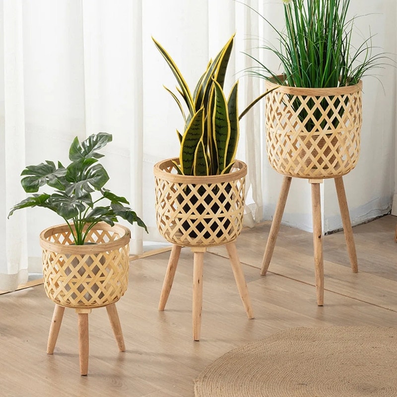 Set Of 3 Rattan Woven Tripod Planter Set Set Of 3
