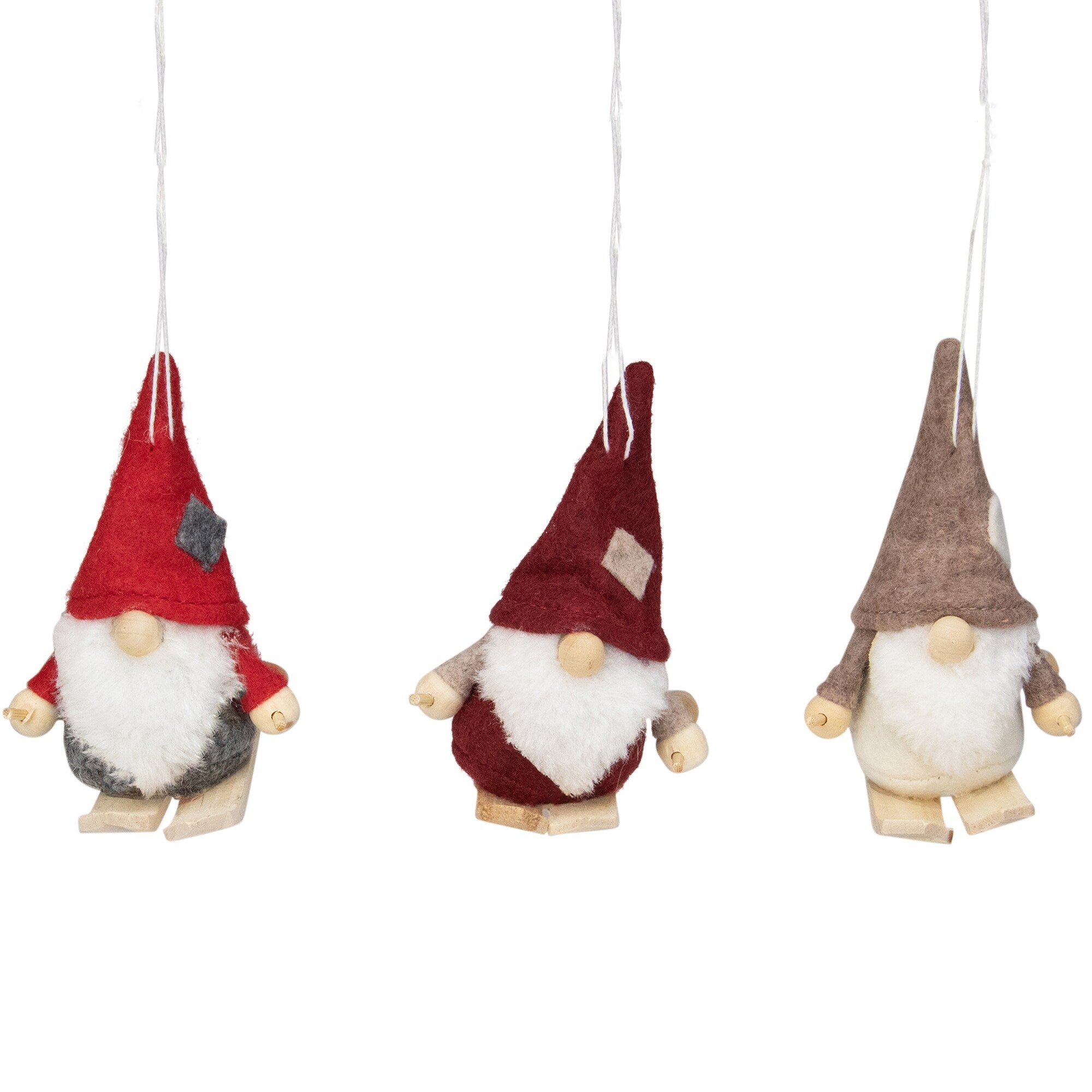 Set Of 3 Red And Gray Skiing Gnome Christmas Ornaments 4