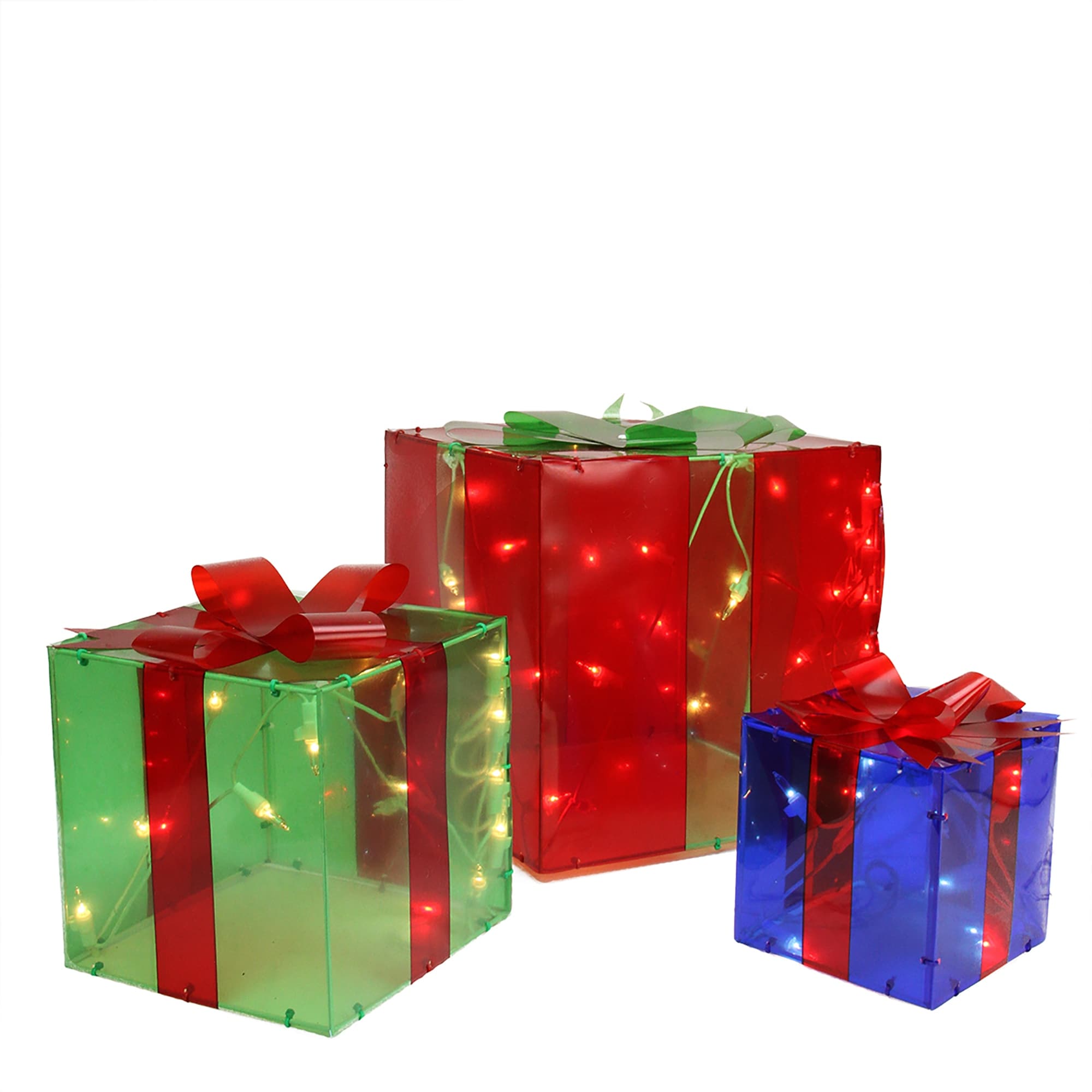 Set Of 3 Lighted Red Green And Blue Gift Box Outdoor Christmas Decoration
