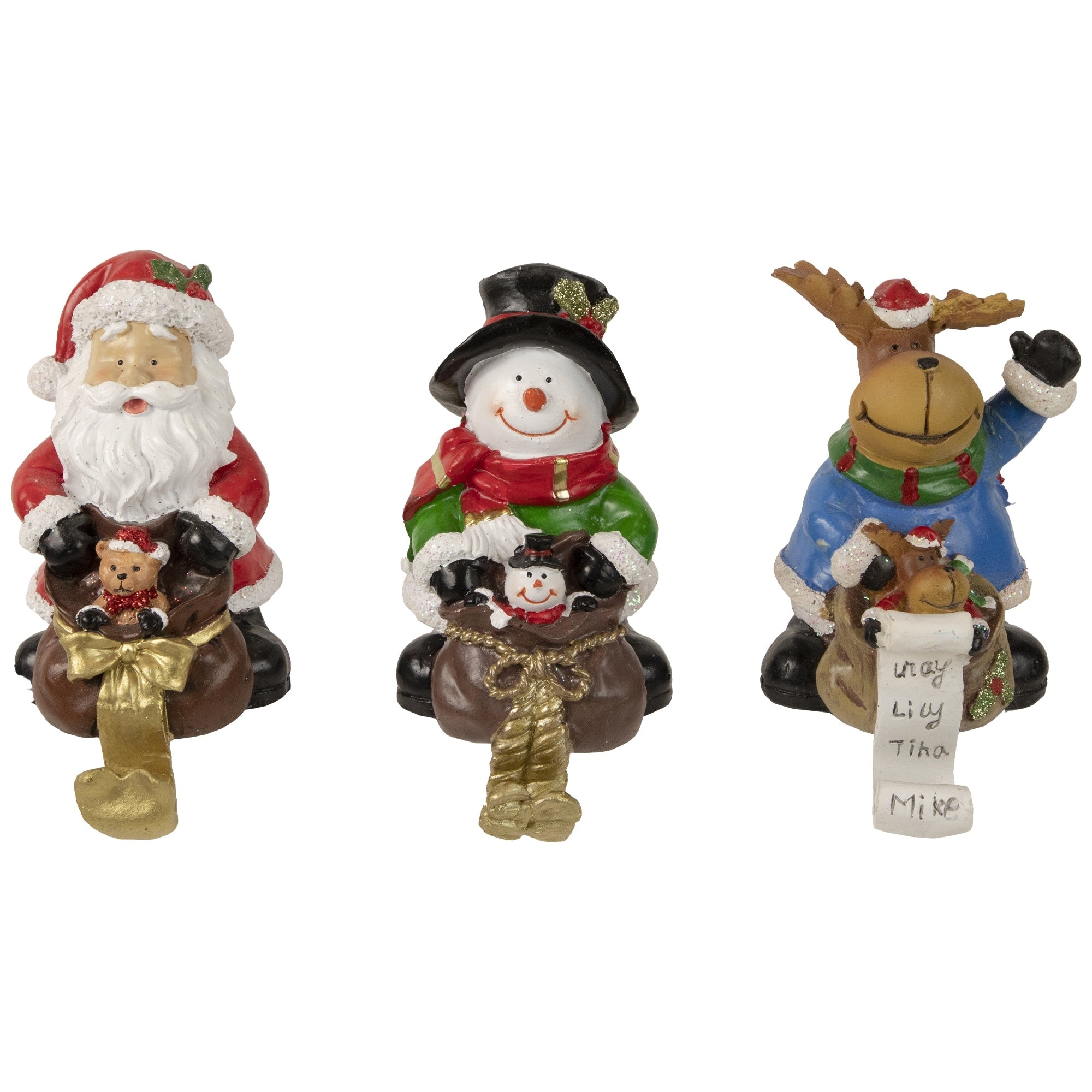 Set Of 3 Santa Snowman And Reindeer With Gift Sacks Christmas Stocking Holders 6.5 White