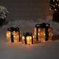 Set Of 3 Lighted Silver With Blue Bows Sisal Gift Boxes Christmas Outdoor Decorations