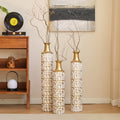 Set Of 3 White Gold Leaf Metal Floor Vases Graduated Heights For Modern Home Decor