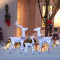 Set Of 3 White With Silver Bow And Ornament Deer Family Lighted Holiday Decor