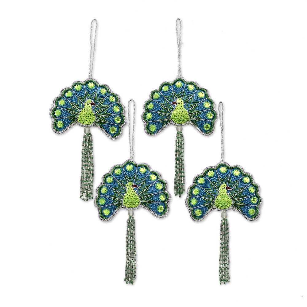 Handmade Set Of 4 Beaded Ornaments Glorious Peacocks India