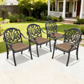 Set Of 4 Outdoor Dining Chairs Black Cast Aluminum Frame With Brown Cushion