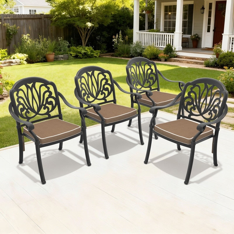 Set Of 4 Outdoor Dining Chairs Black Cast Aluminum Frame With Brown Cushion