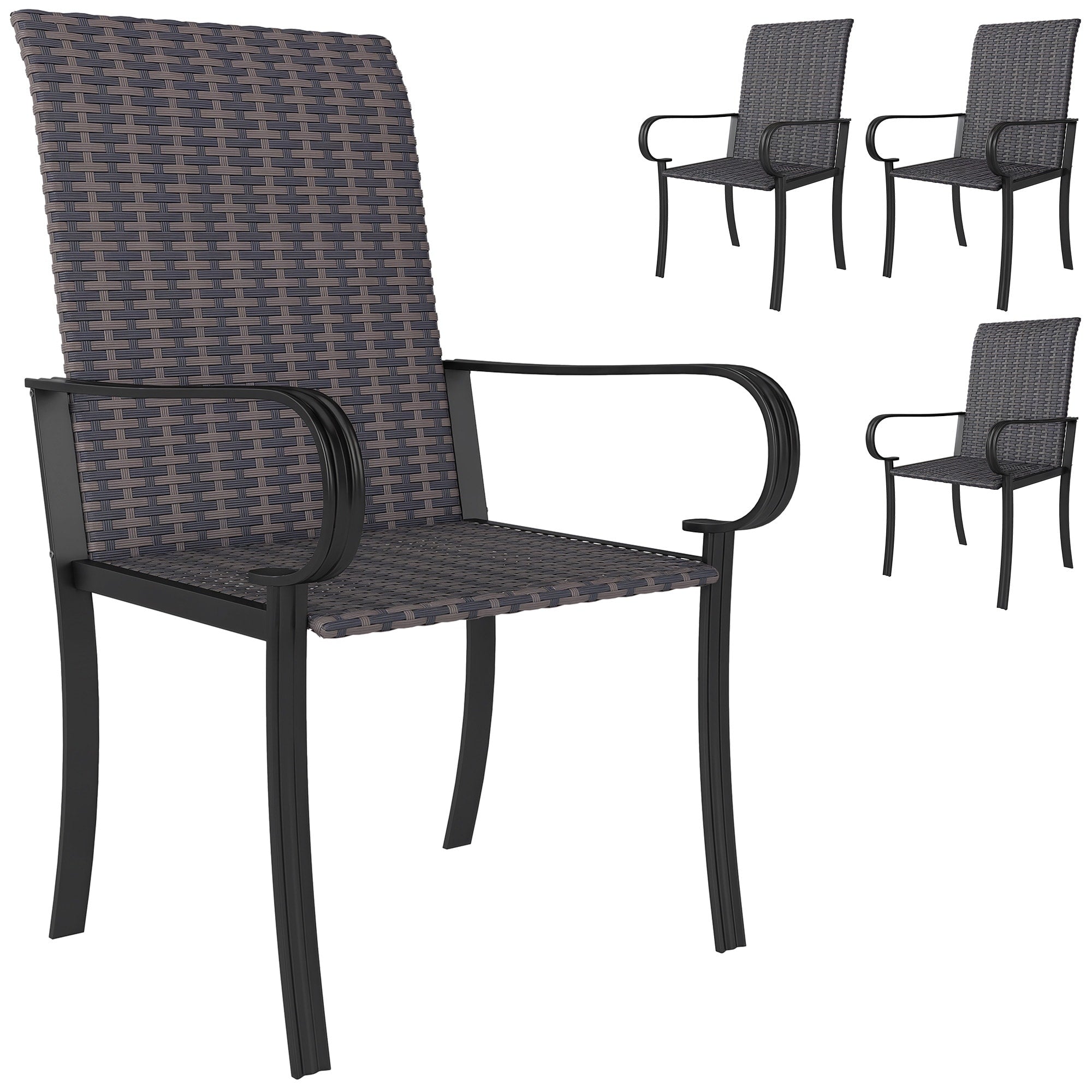 Set Of 4 Outdoor Wicker Dining Chairs All Weather Rattan Armchairs With Armrests Steel Frame Highback And Deep Seating