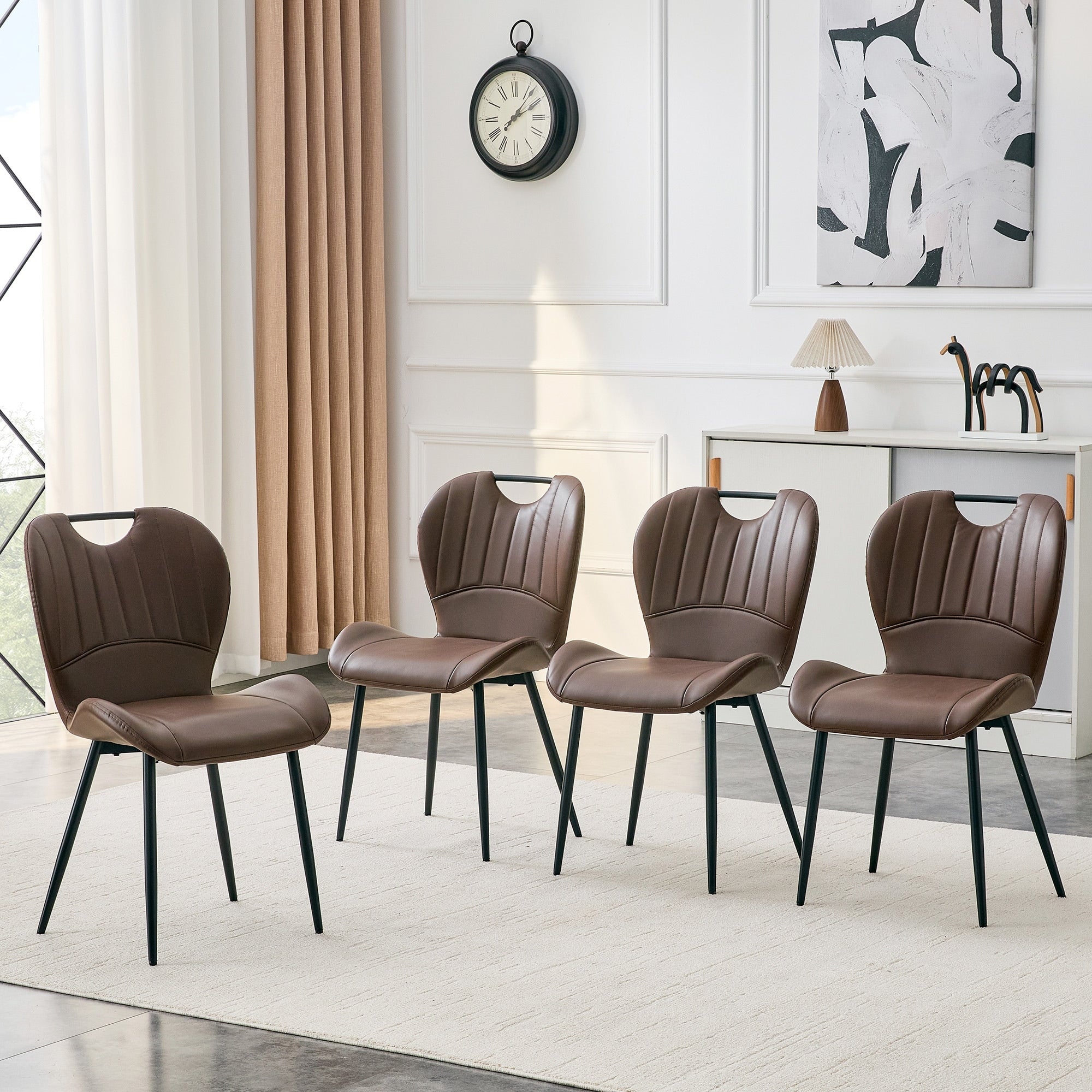 Set Of 4 Pu Dining Chairs With Integrated Handle Metal Frame Adjustable Leveling Feet With Extra Wide Comfortable Cushion