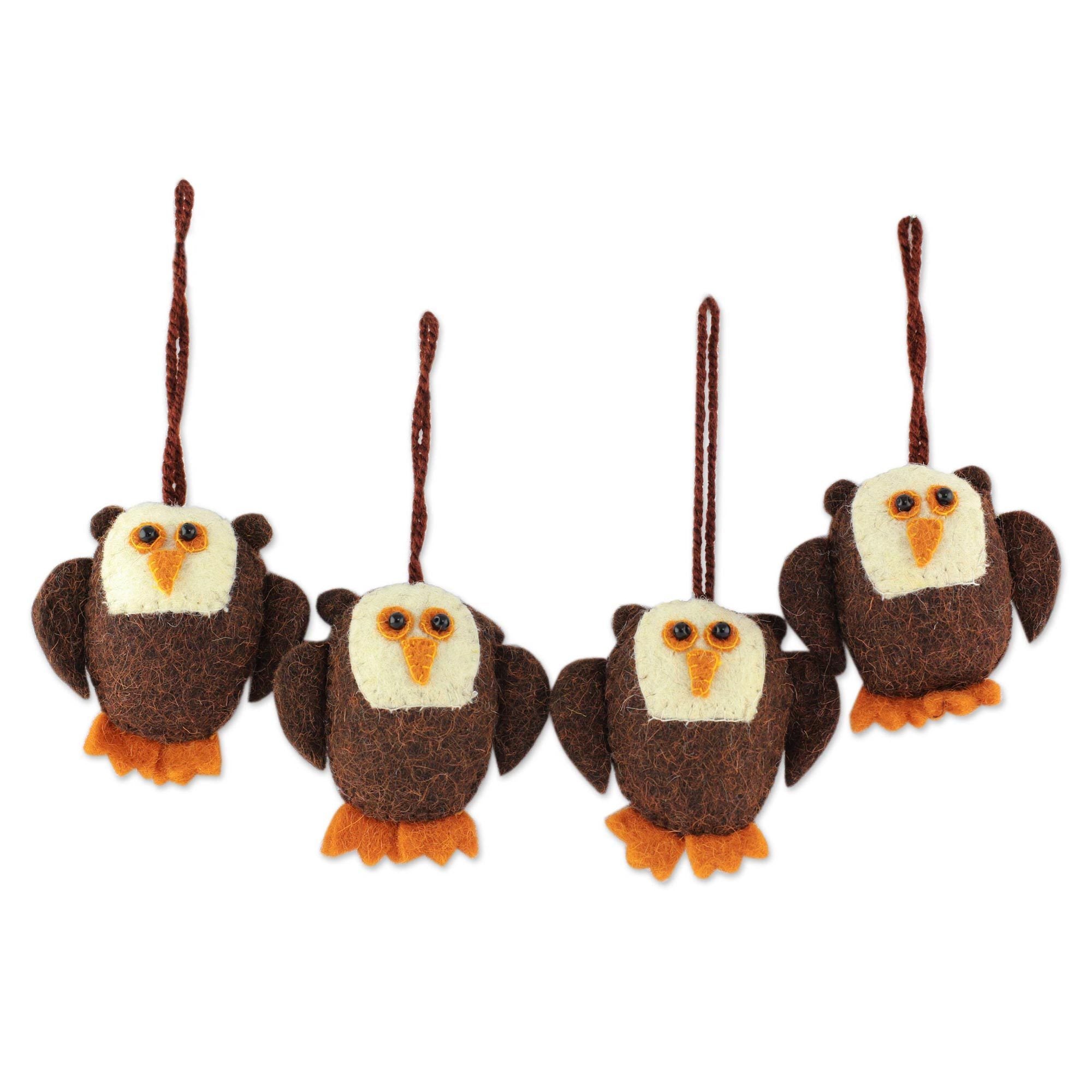 Handmade Set Of 4 Wool Ornaments Solemn Brown Owls India