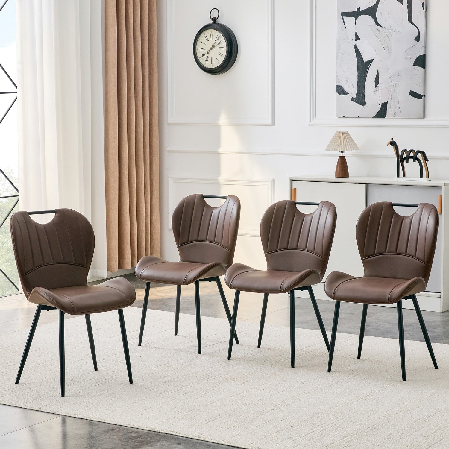 Set Of 4 Pu Leather Dining Chair With Integrated Handle And Metal Frame