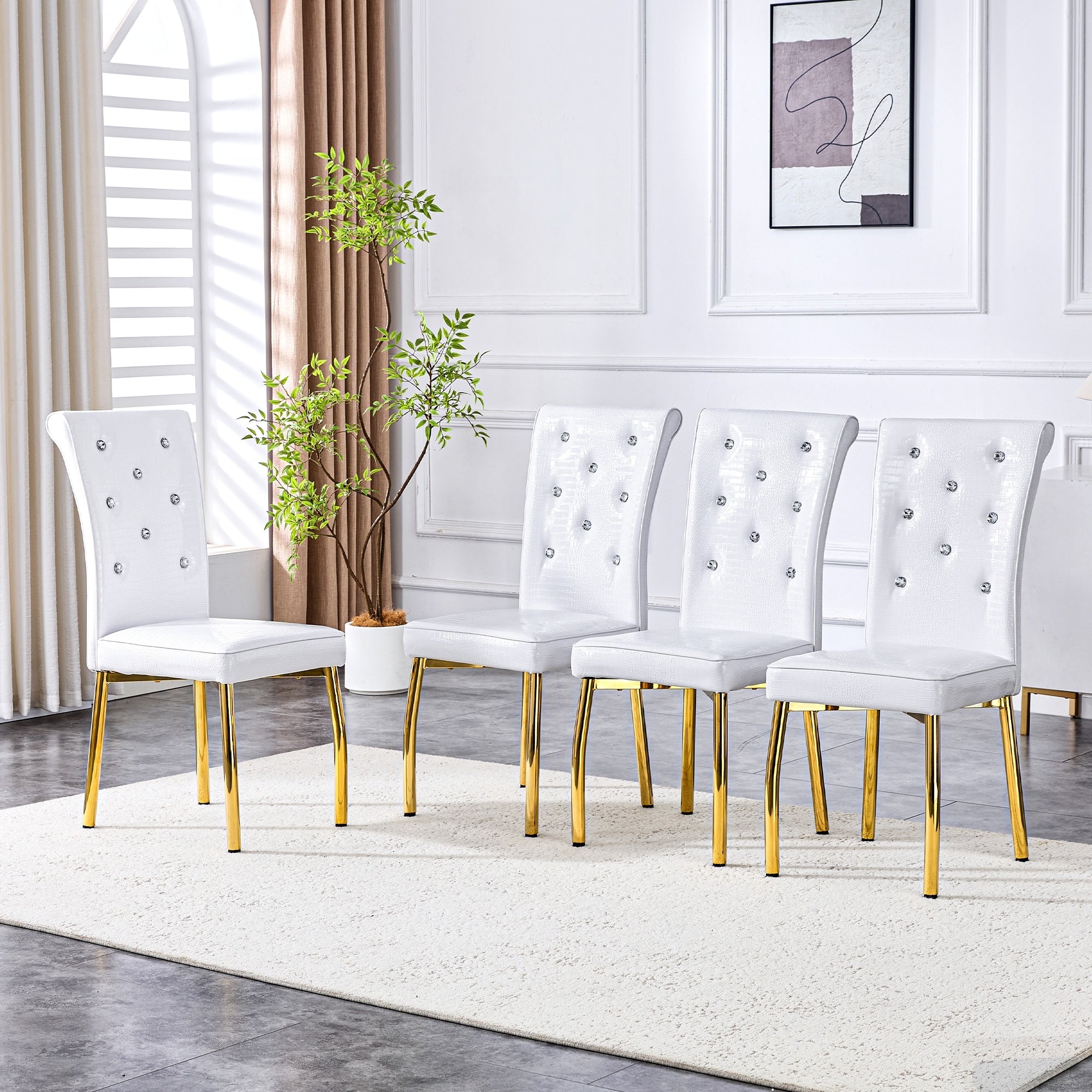 Set Of 4 Retro Alligator Skin Upholstered Dining Chairs With Crystal Buckle Design And Faux Leather Design