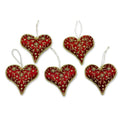 Set Of 5 Handcrafted Polyester Burgundy Heart Beaded Ornaments India