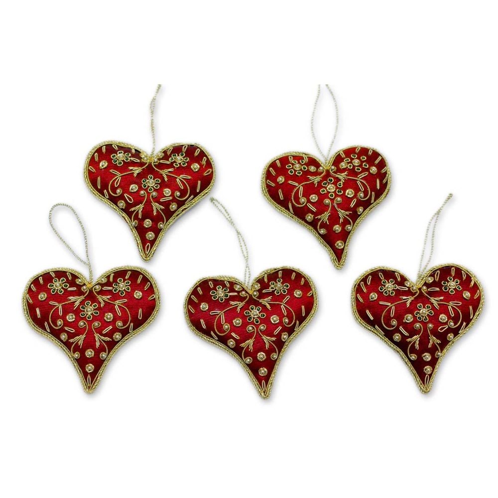 Set Of 5 Handcrafted Polyester Burgundy Heart Beaded Ornaments India