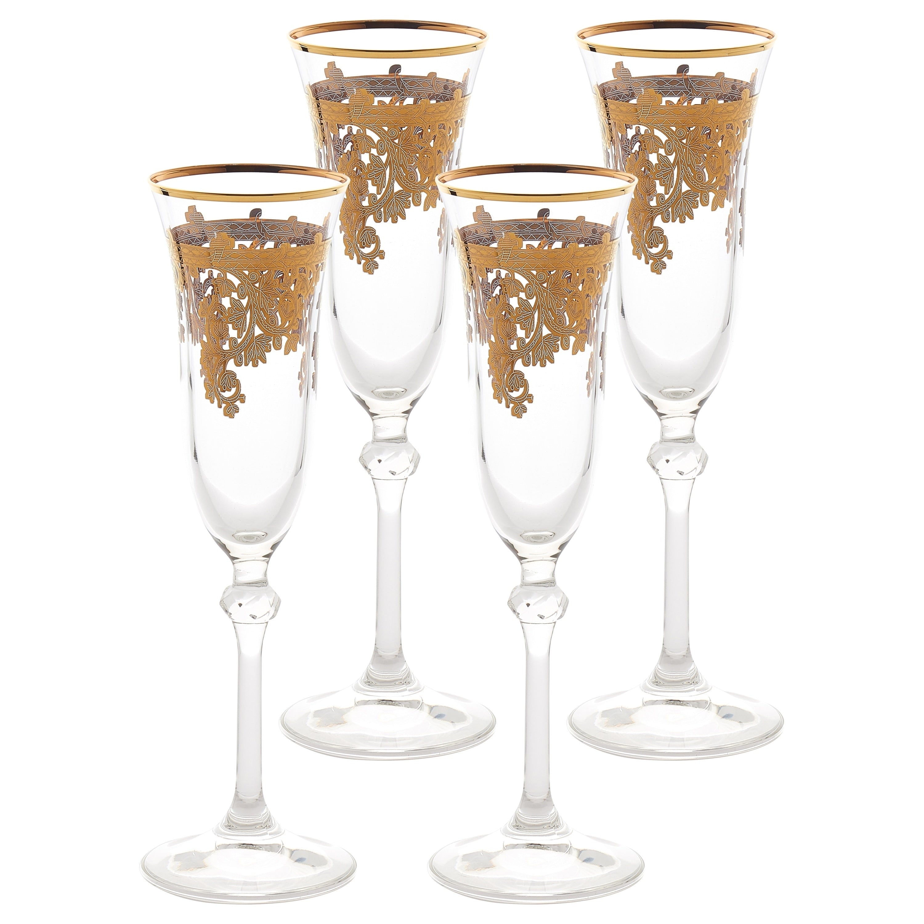 Set Of 4 Embellished 24K Gold Crystal Flute Goblets Made In Italy