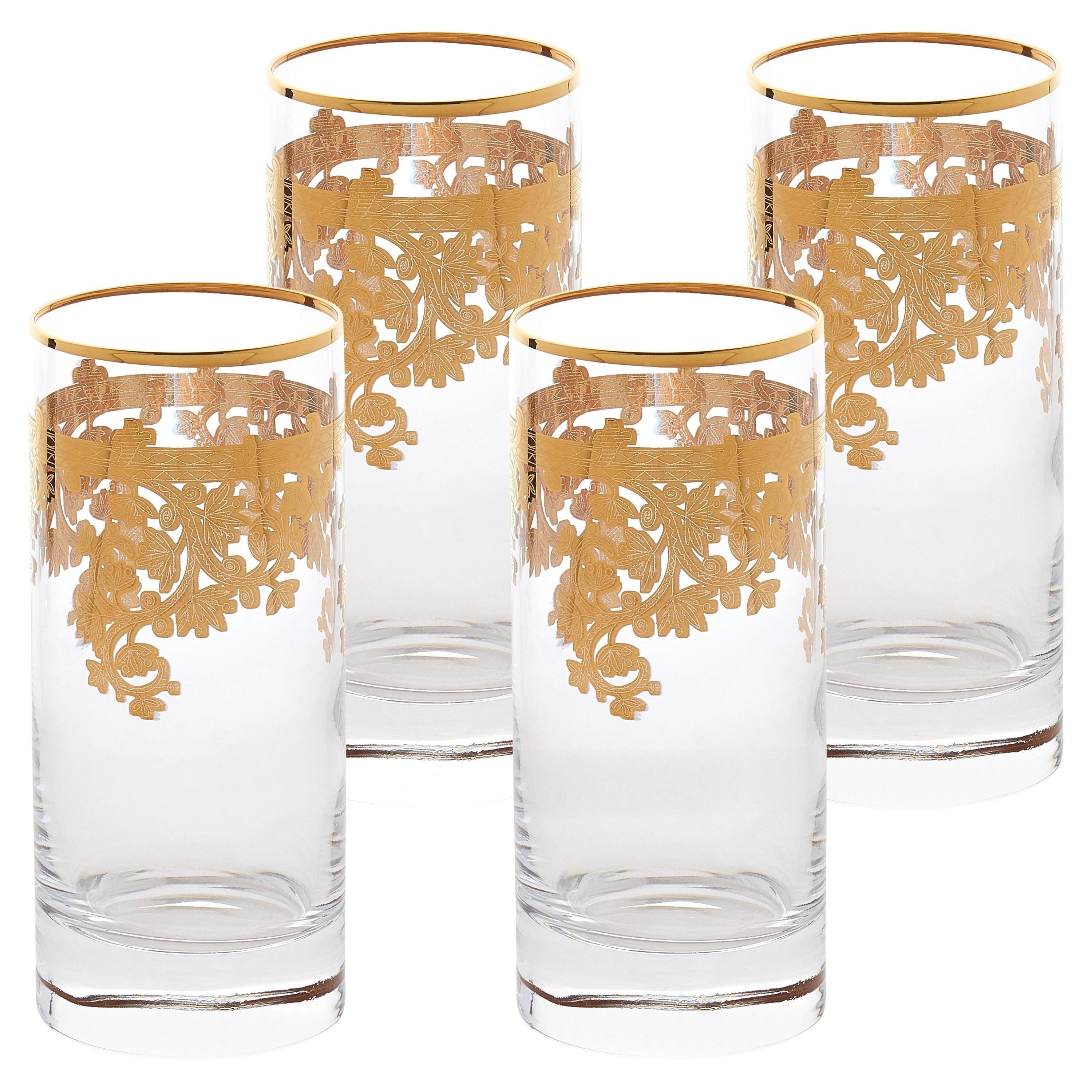 Set Of 4 Embellished 24K Gold Crystal High Ball Tumbler Made In Italy