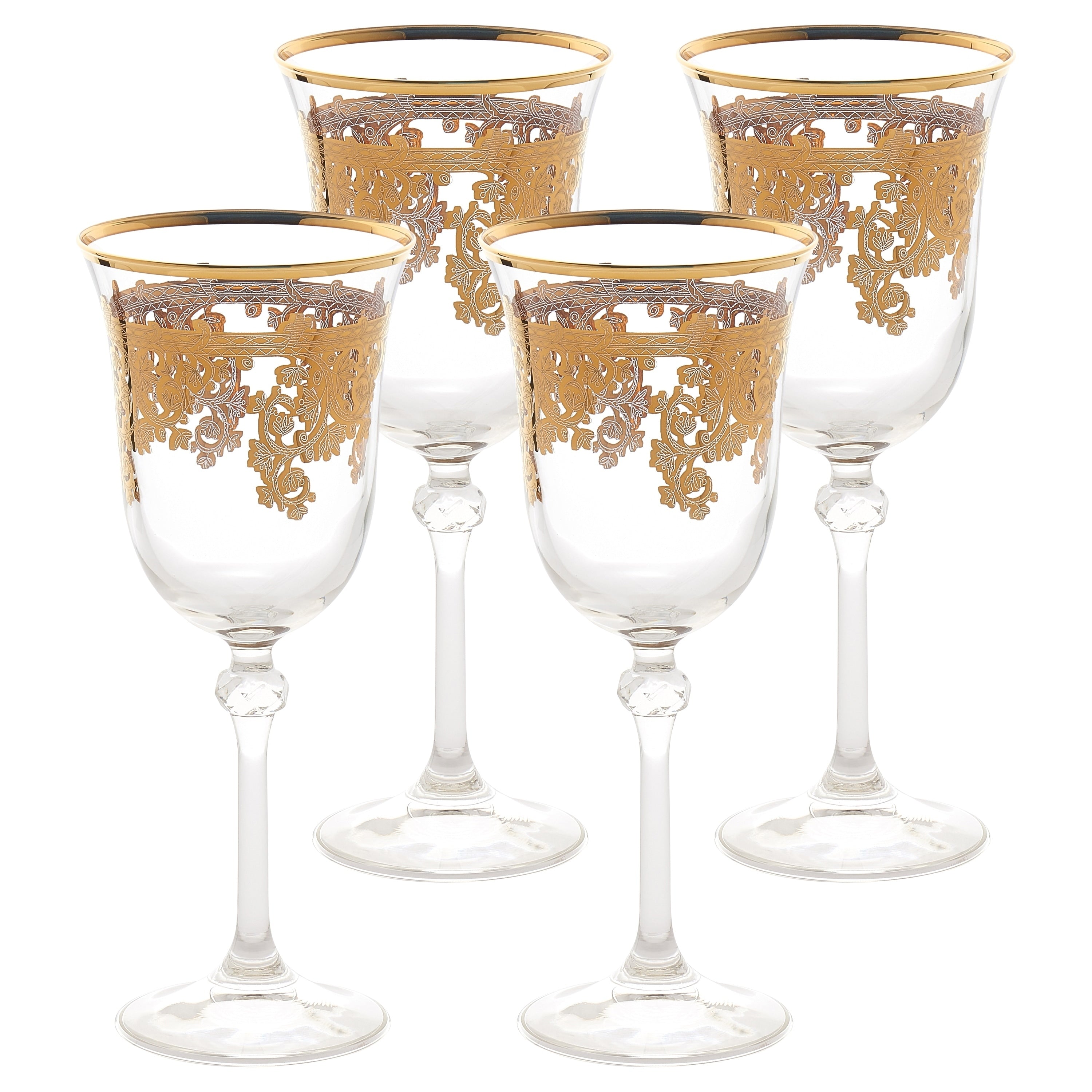 Set Of 4 Embellished 24K Gold Crystal Red Wine Goblets Made In Italy