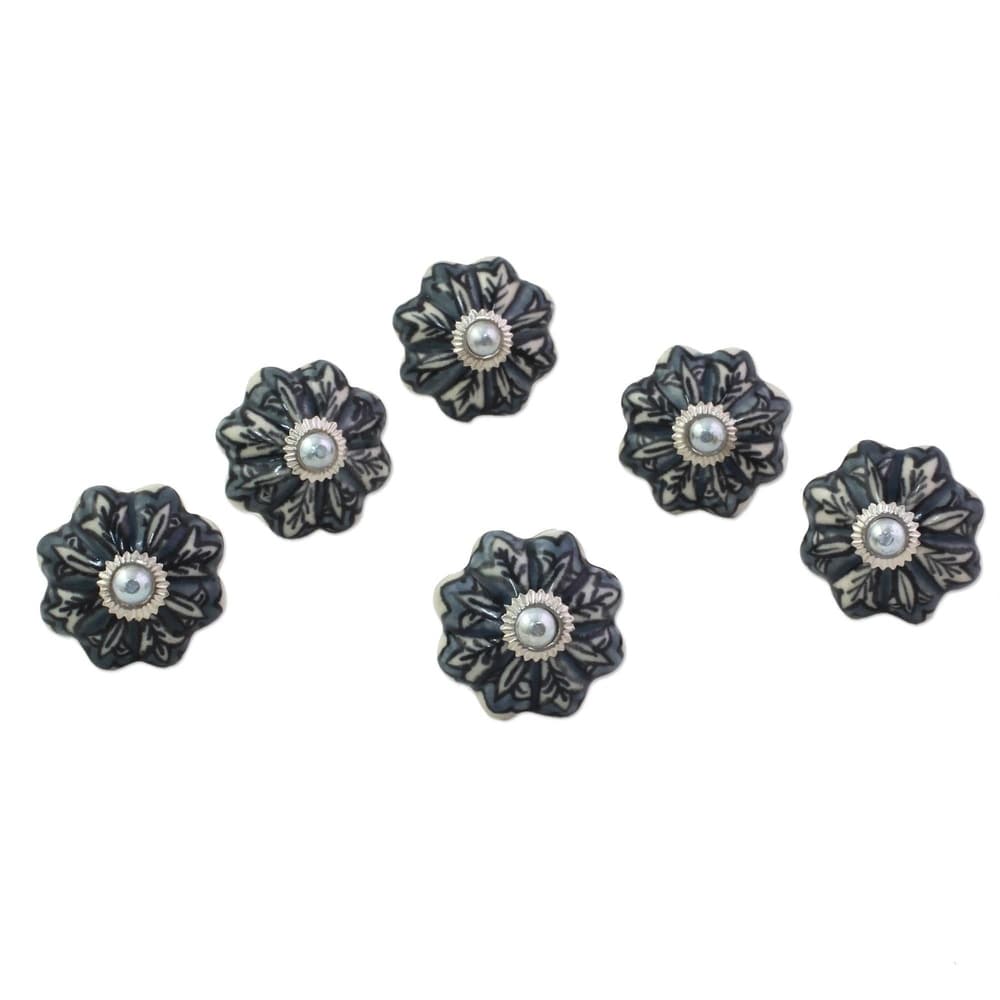 Handmade Set Of 6 Ceramic Flower Harmony In Grey Cabinet Knobs India