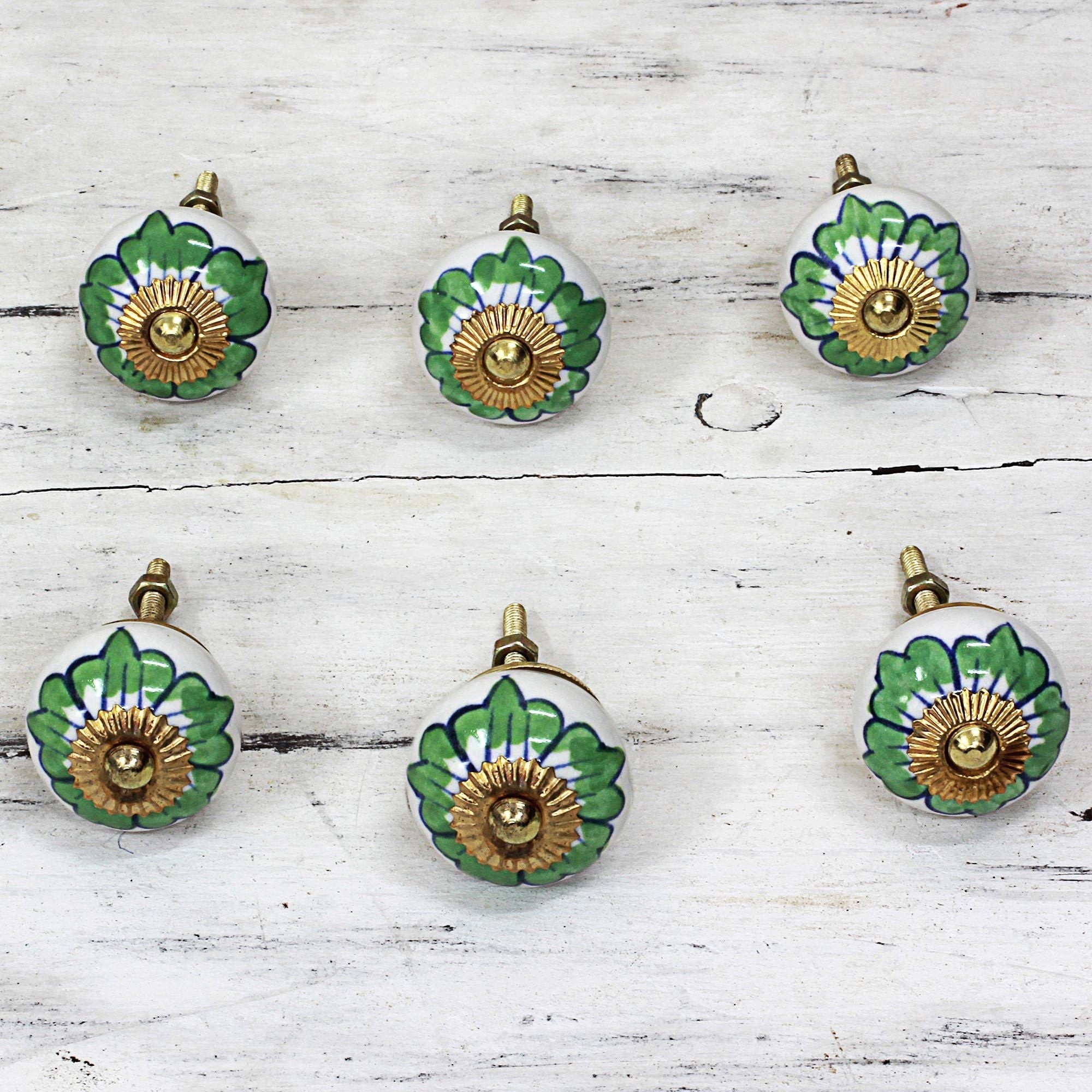 Set Of 6 Handmade Ceramic Green Flowers Cabinet Knobs India