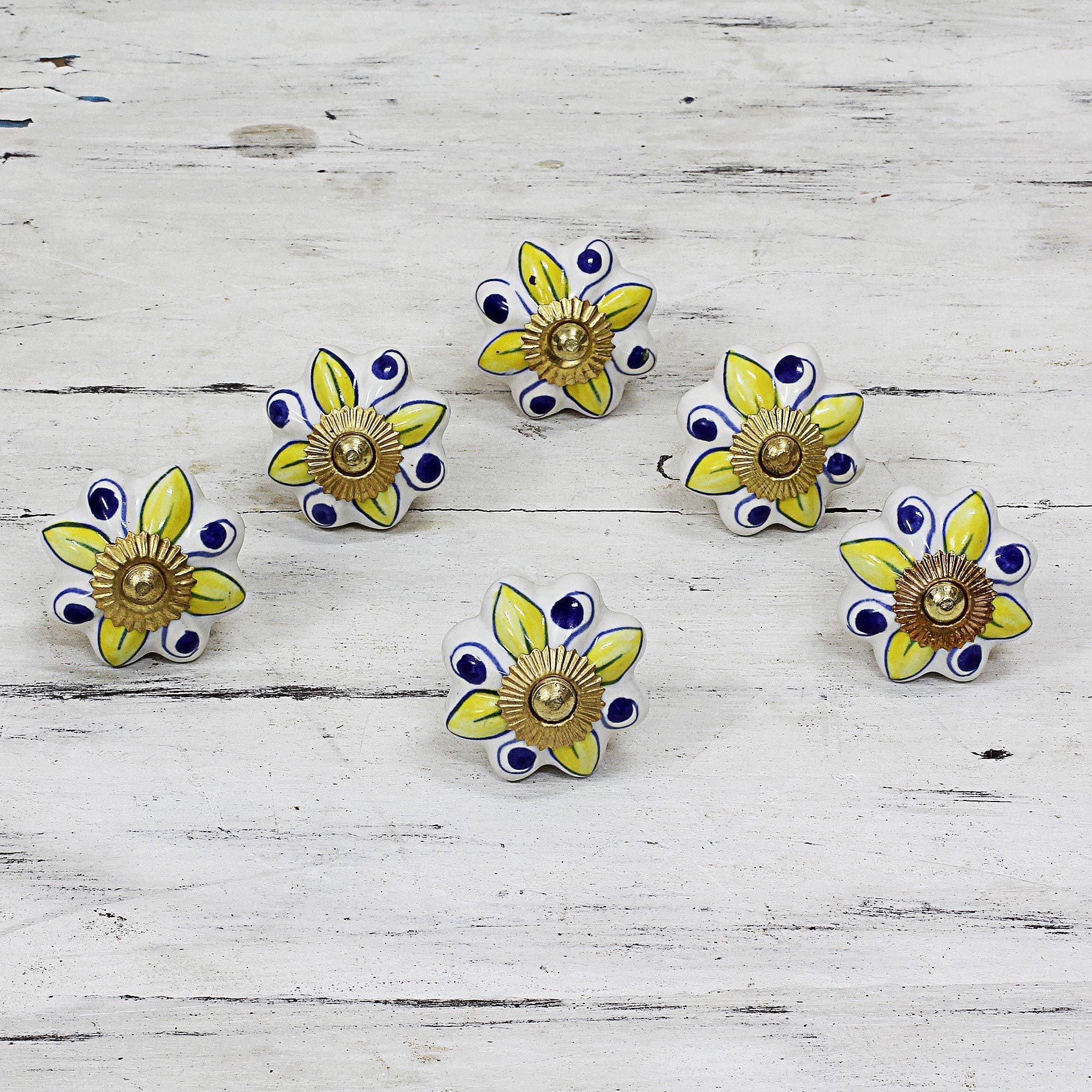 Handmade Set Of 6 Ceramic Bright Sunshine Cabinet Knobs India
