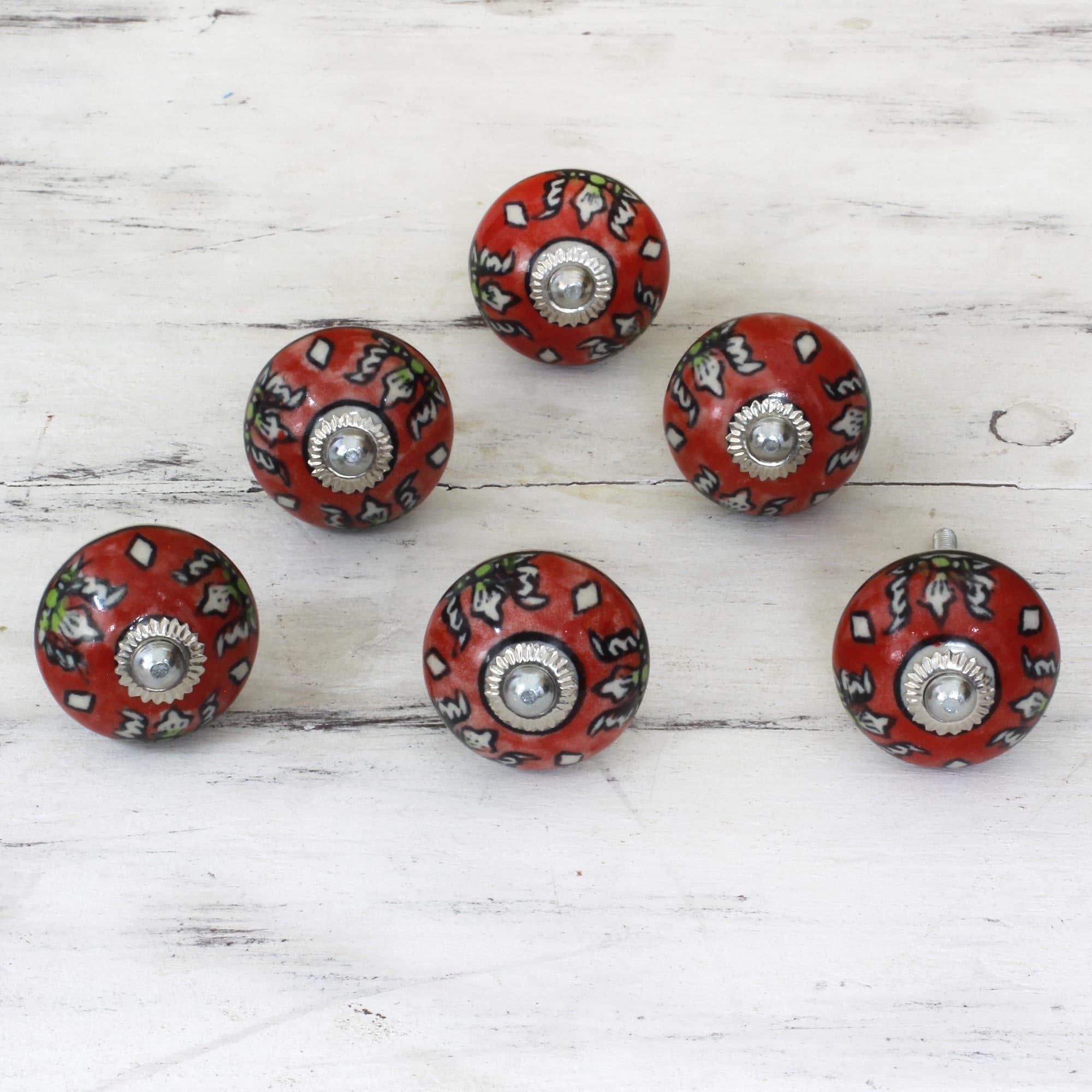 Handmade Set Of 6 Ceramic Charming Red Flowers Cabinet Knobs India