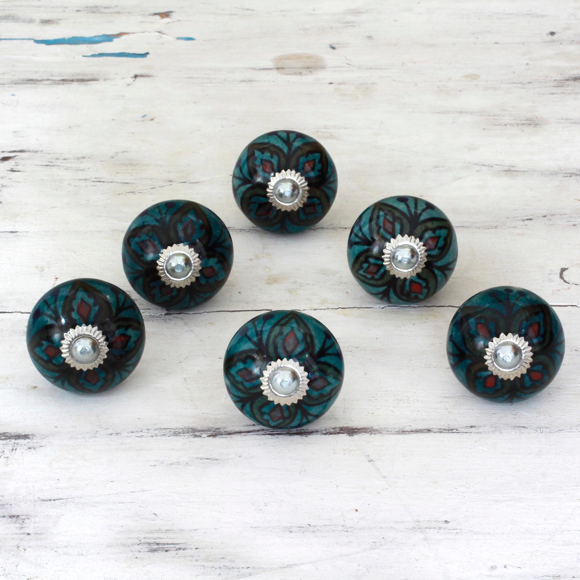 Set Of 6 Handmade Ceramic Floral Helpers Cabinet Knobs India