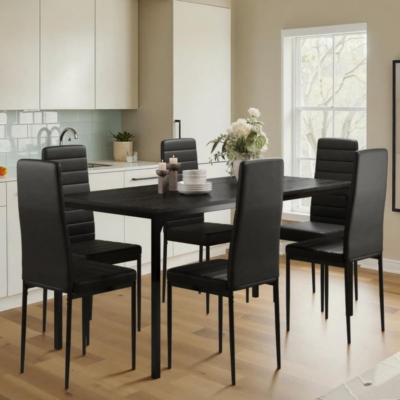 Set Of 6 7 Piece Kitchen Table Set With 6 Upholstered Pu Leather Chairs For Dining Room Living Room Apartment Small Space