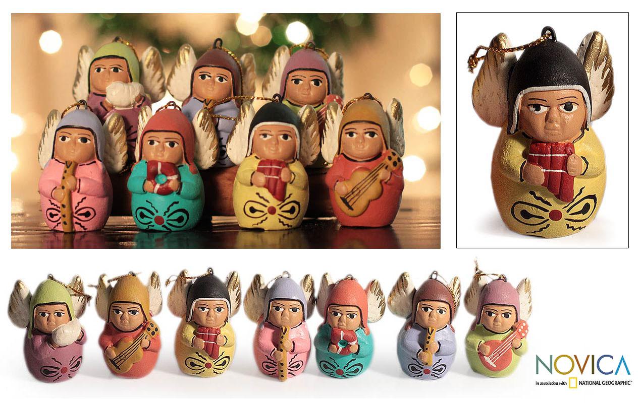 Set Of 7 Handmade Ceramic Angel Choir Ornaments Peru