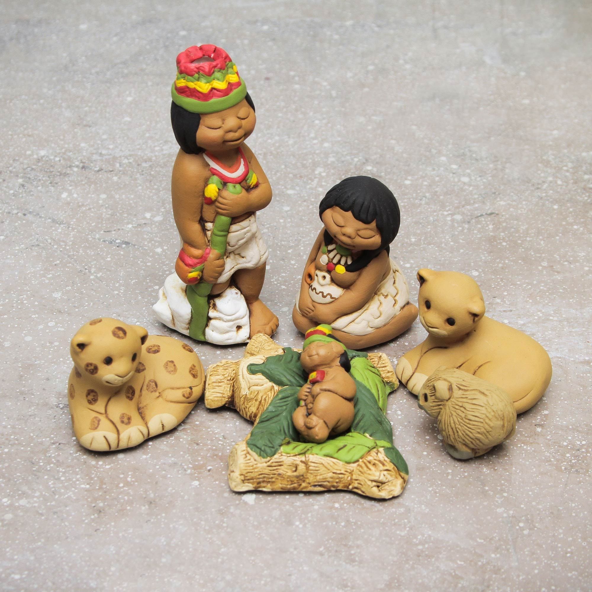 Set Of 7 Handmade Ceramic Born In The Amazon Nativity Scene Sculptures Peru