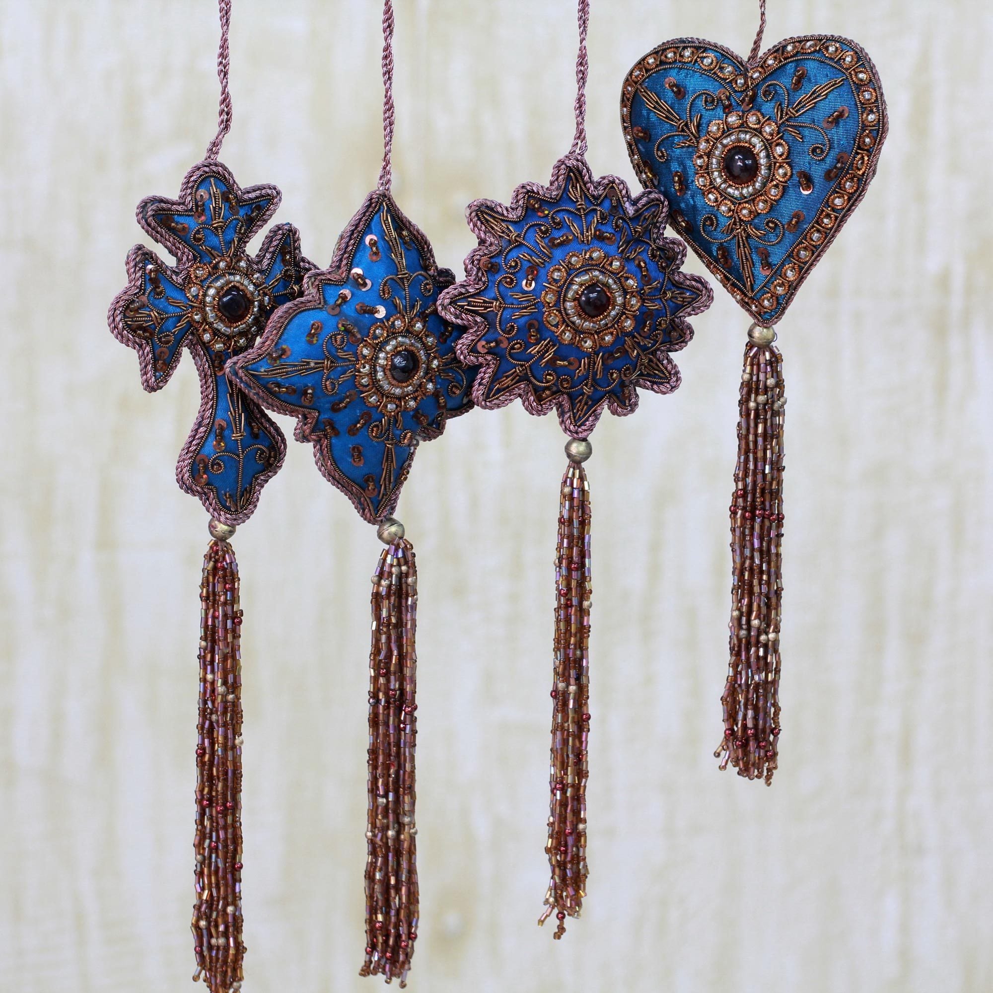 Set Of 8 Handcrafted Beaded Teal Splendor Holiday Ornaments India