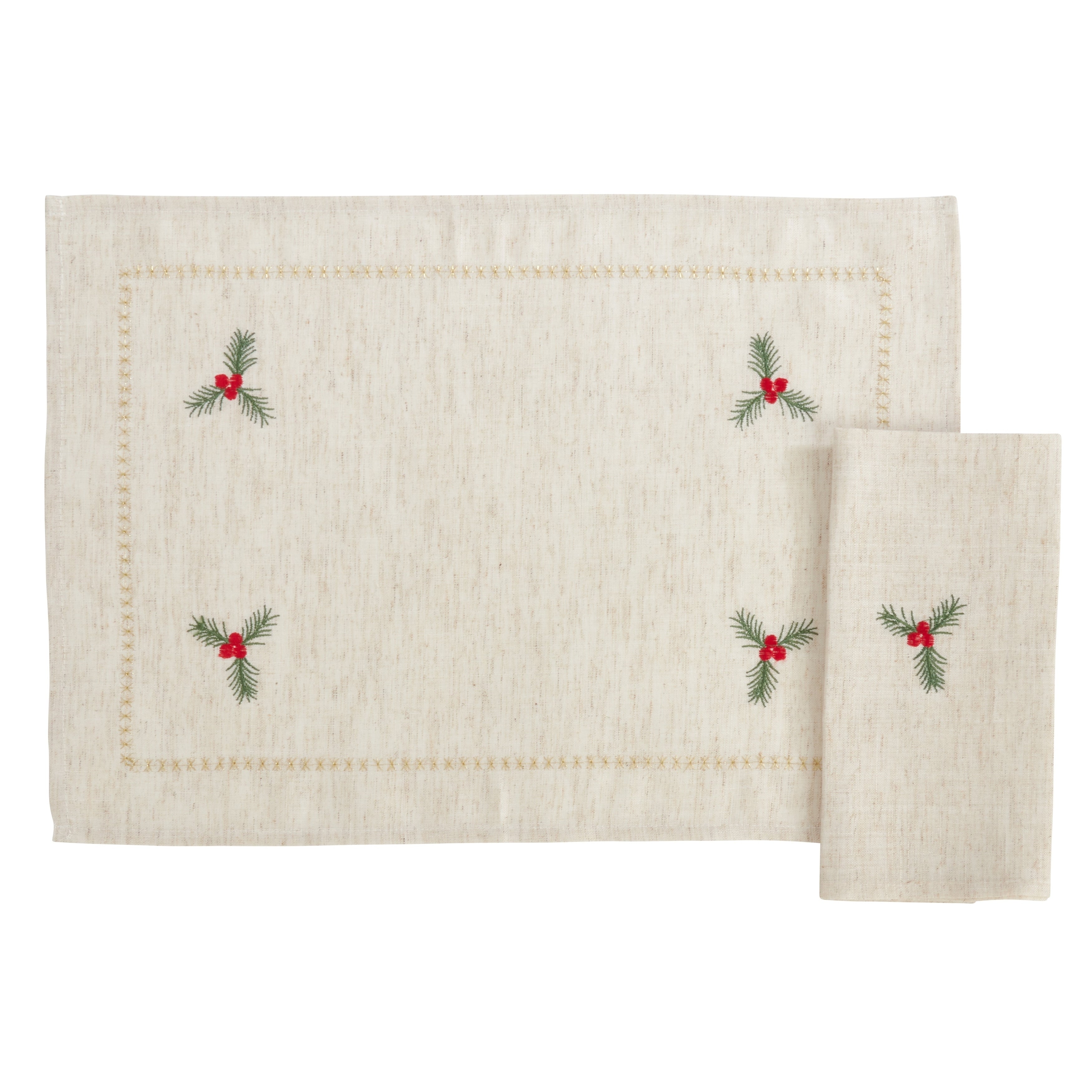 Set Of Embroidered Holly Placemats And Napkins Set Of 8Pcs Placemat 14 X 20 Napkin 20 X 20