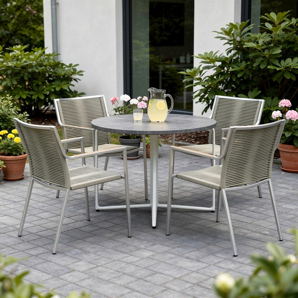 Set Of Four Light Brown And Silver Woven Steel Outdoor Arm Chairs