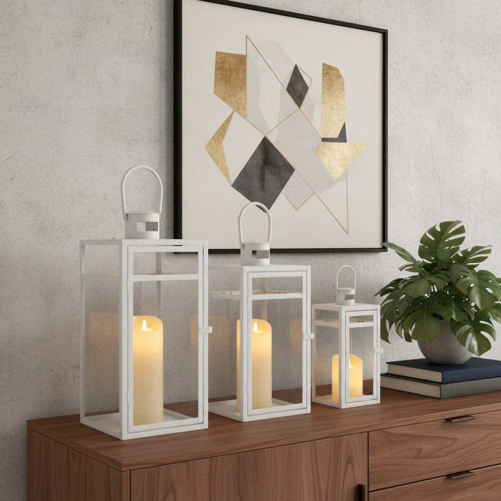 Set Of Three Clear And White Glass And Stainless Steel Tabletop Lantern Candle Holders