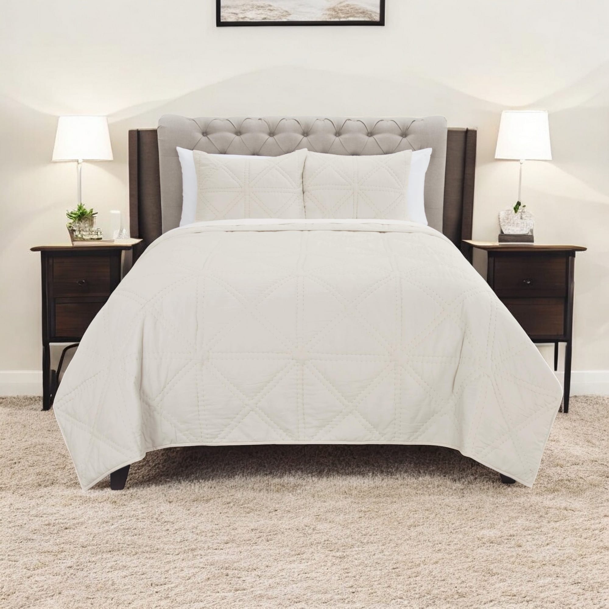 Set Of Three Ivory Geometric Queen Quilt