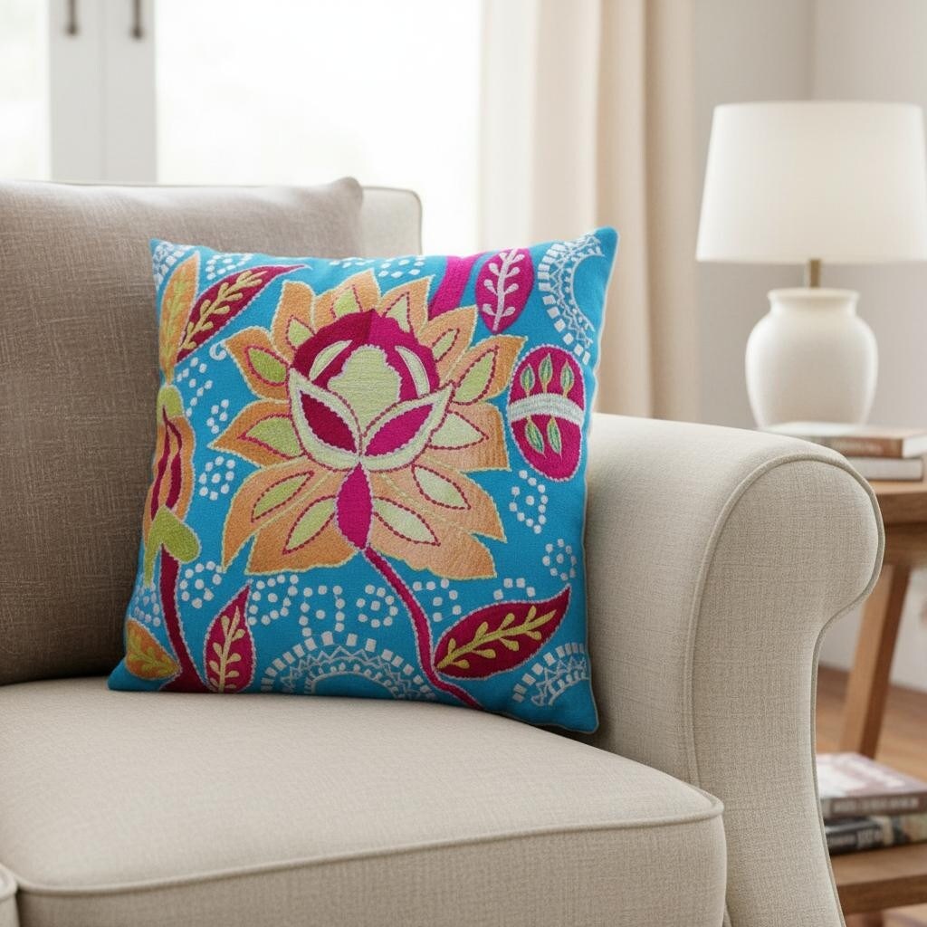 Set Of Two 16 Blue And Pink Floral Cotton Throw Pillows With Embroidery